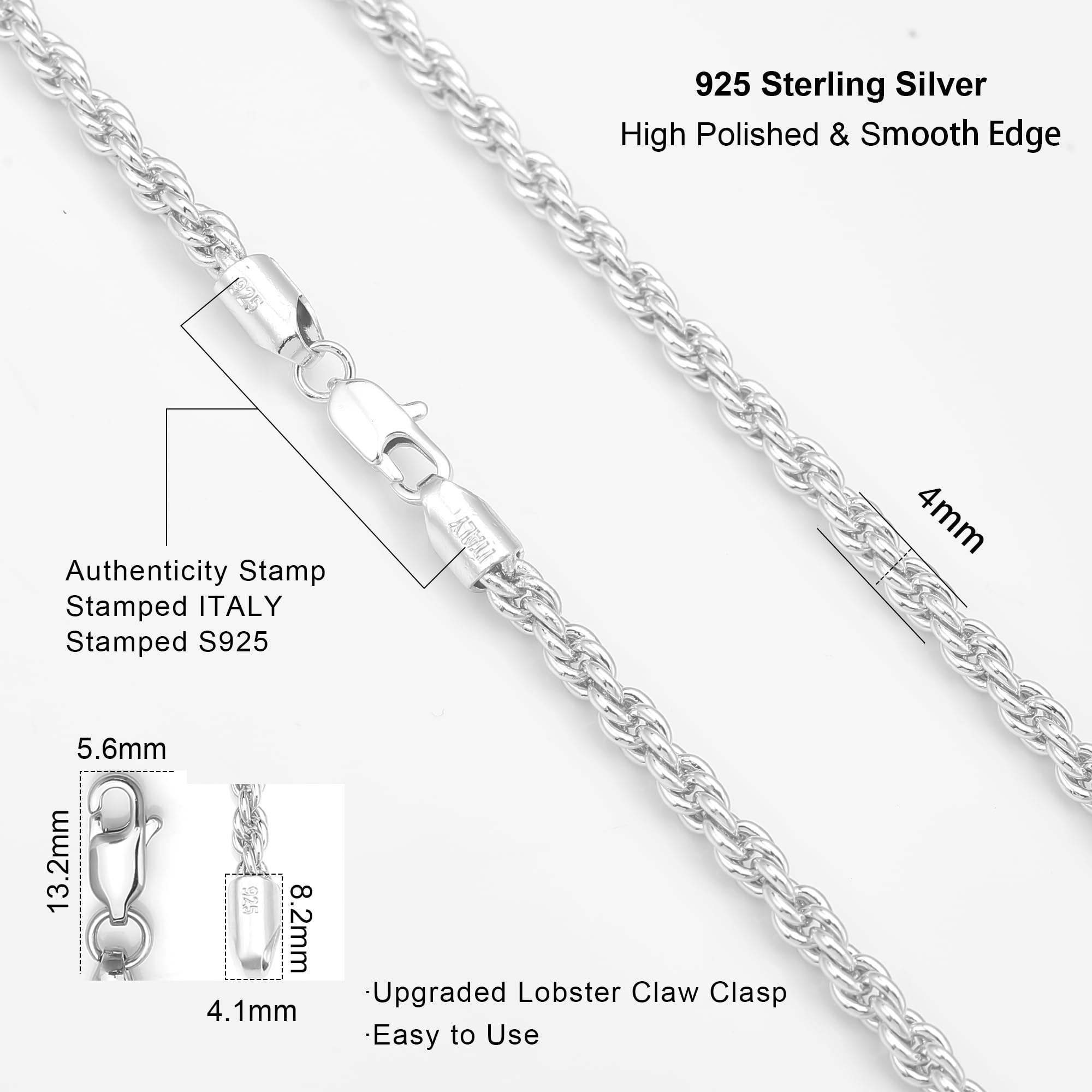 Waitsoul 925 Sterling Silver Lobster Clasp 4mm Necklace for Men and Women Rope Chain Silver Necklace Chain Diamond Cut 16-30 Inc
