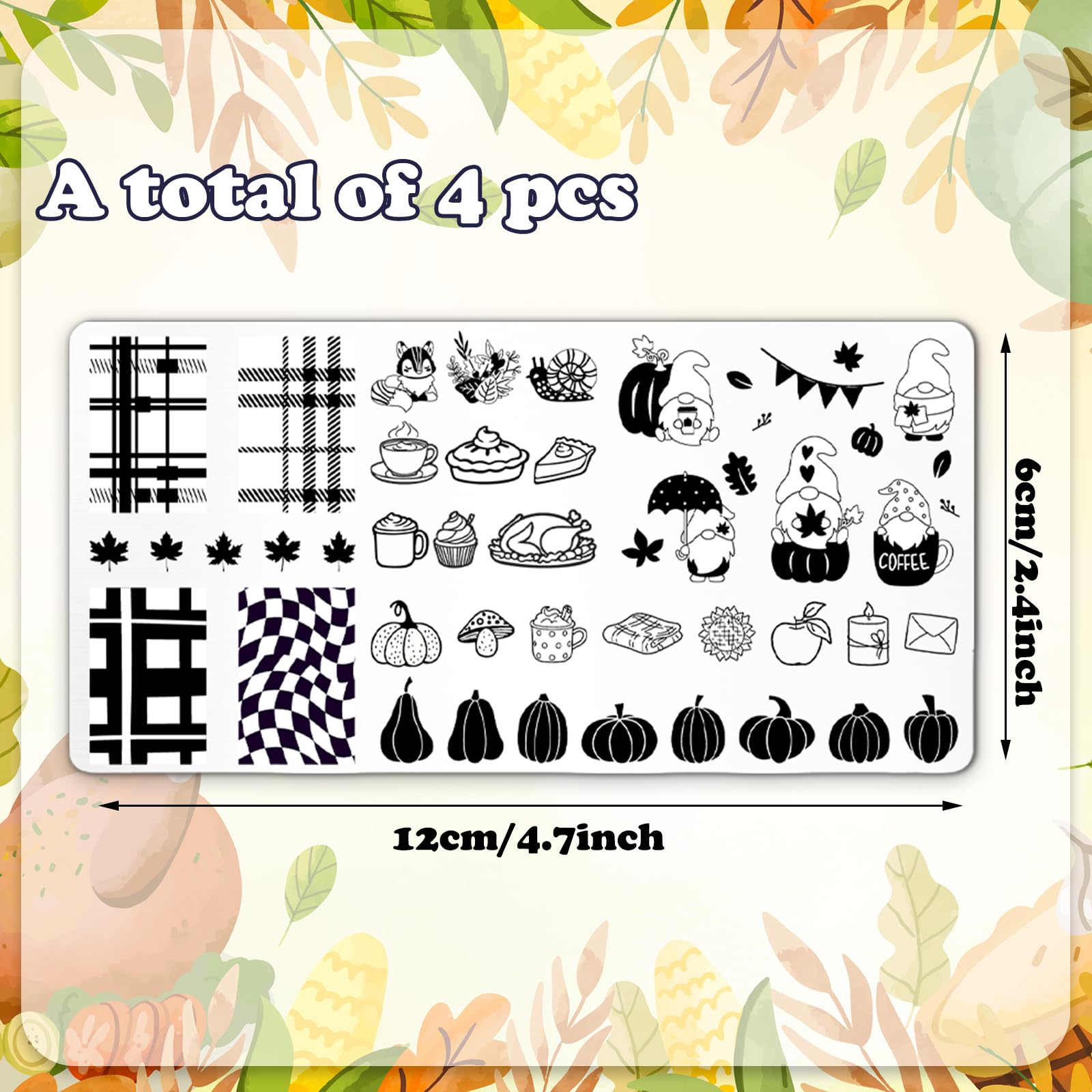 JarThenaAMCS 4Pcs Fall Nail Plates Stamping Set Pumpkin Leaf Gnome Stamp Templates Nail Art Plates for Autumn Harvest Thanksgivi