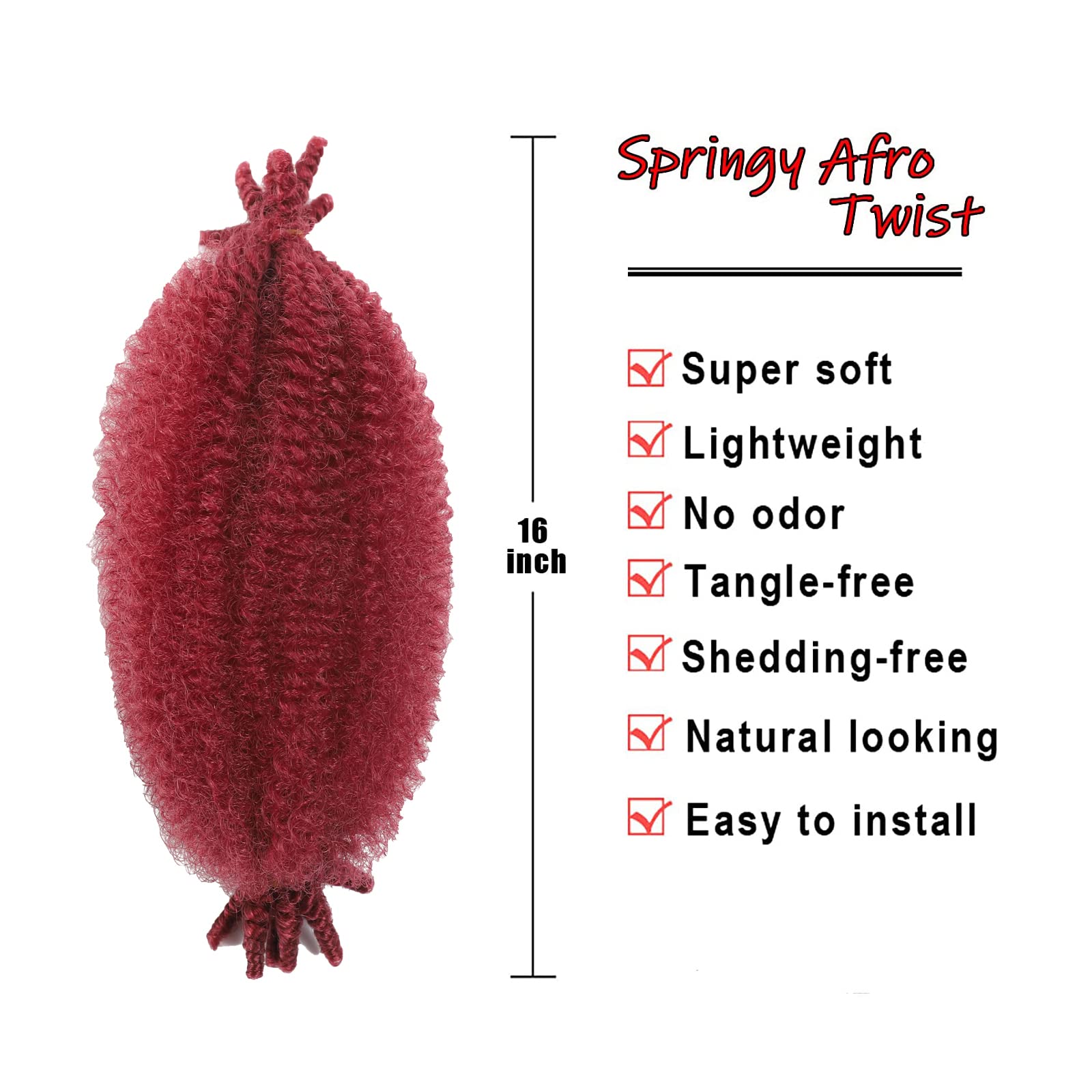 8 Packs Springy Afro Twist Hair 16 inch BUG Pre-Separated Kinky Marley Twist Braiding Hair Soft Synthetic Crochet for Distressed