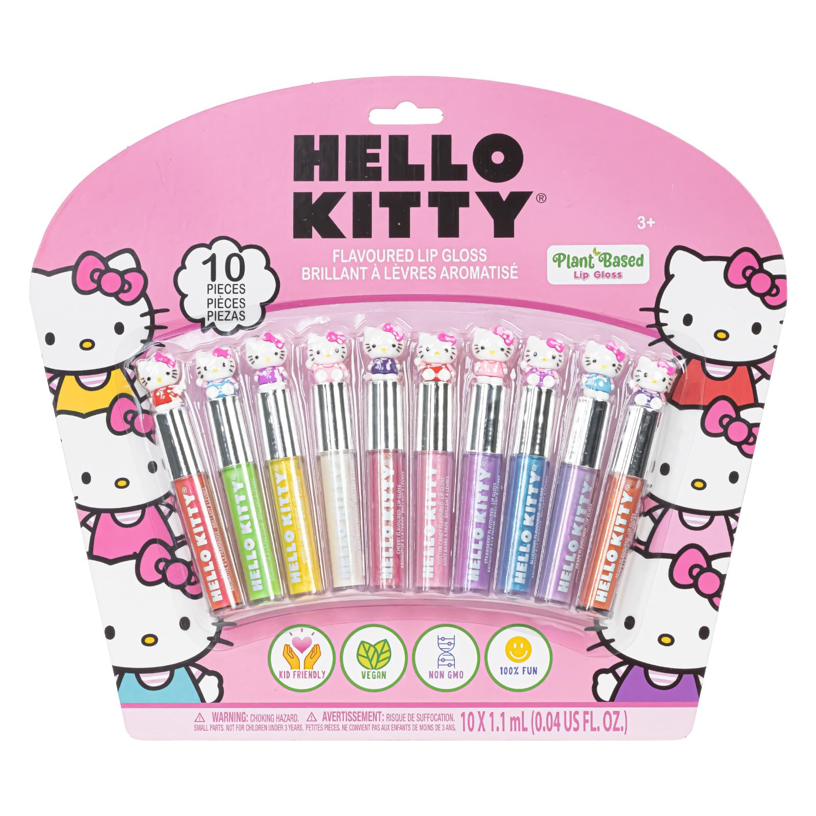 Hello Kitty 10 Piece Plant Based Lip Gloss, Girls Party Favors, First Makeup Set for Girl, Perfect for Parties, Sleepovers, and 