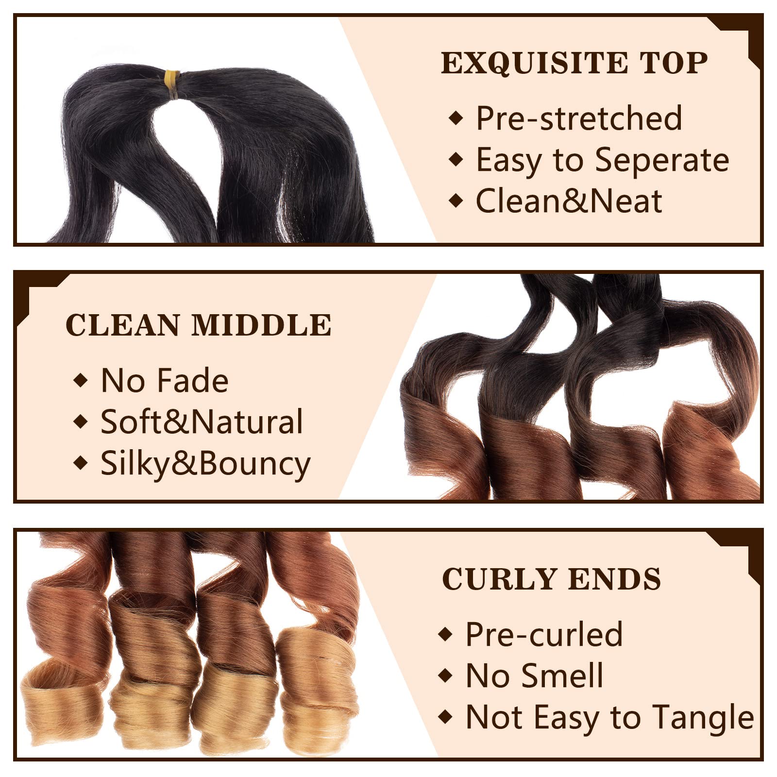 Cookoo 14 Inch 9 Packs French Curls Crochet Hair Pre-Stretched Loose Wave Braiding Hair Ombre 3 Tones Loose Curly Braids Precurl