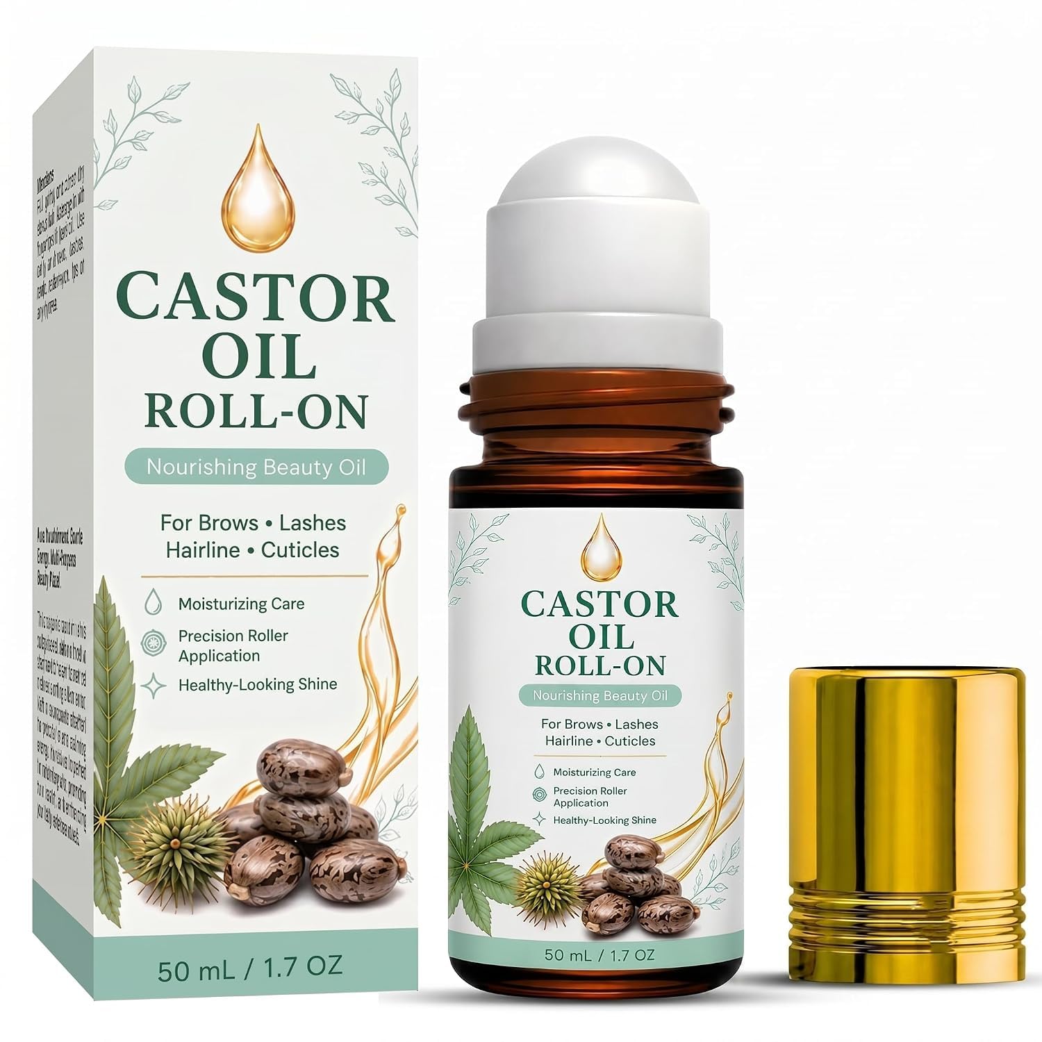VEMBR Organic Castor Oil RollOn with Rose Quartz Roller  100% ColdPressed, Golden Oil for Hair Growth, Eyelashes, Brows & Ski