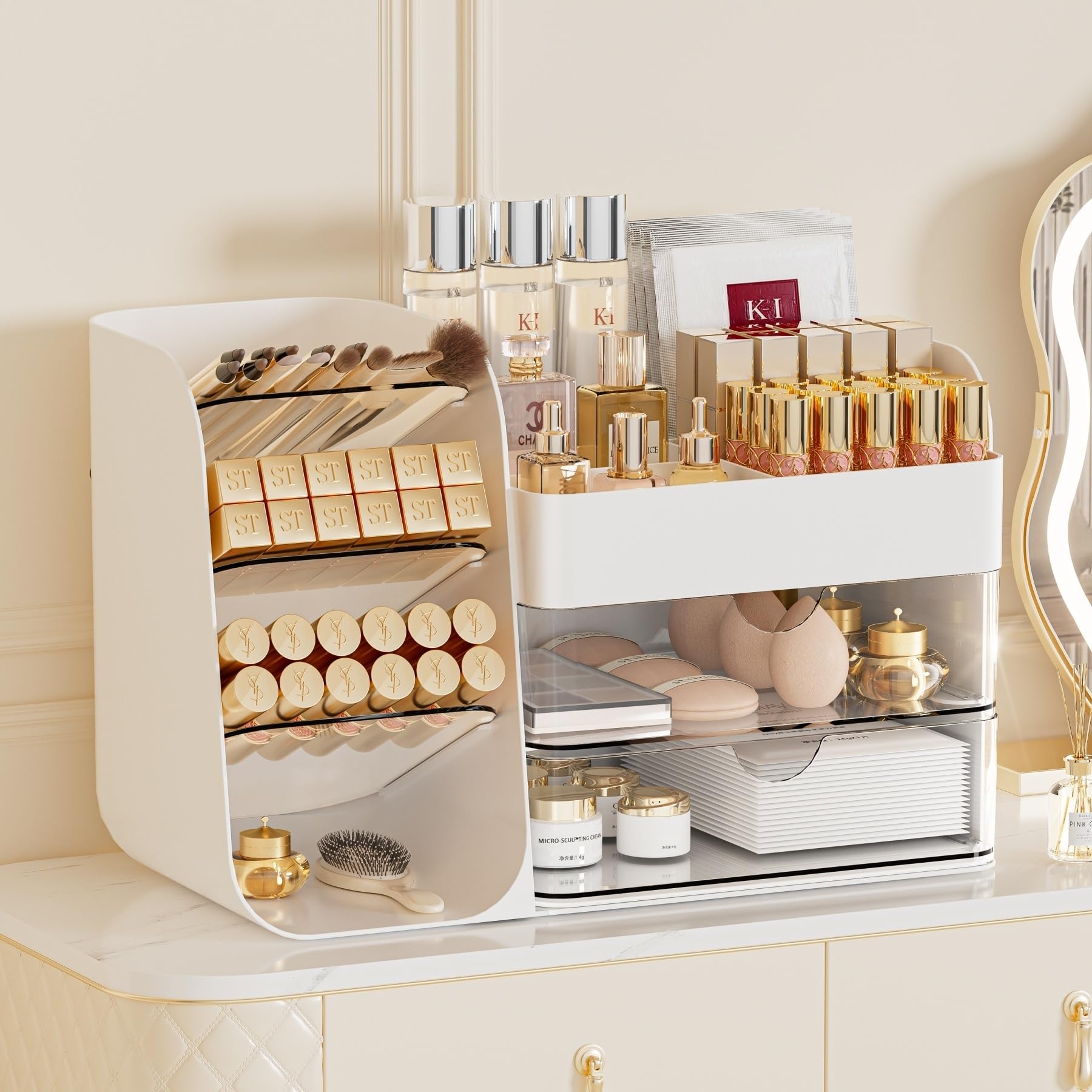 Makeup Organizer with Brush Holder for Vanity,Countertop Makeup Organizer with Drawers,Spacious Cosmetic Display Case,Perfect St