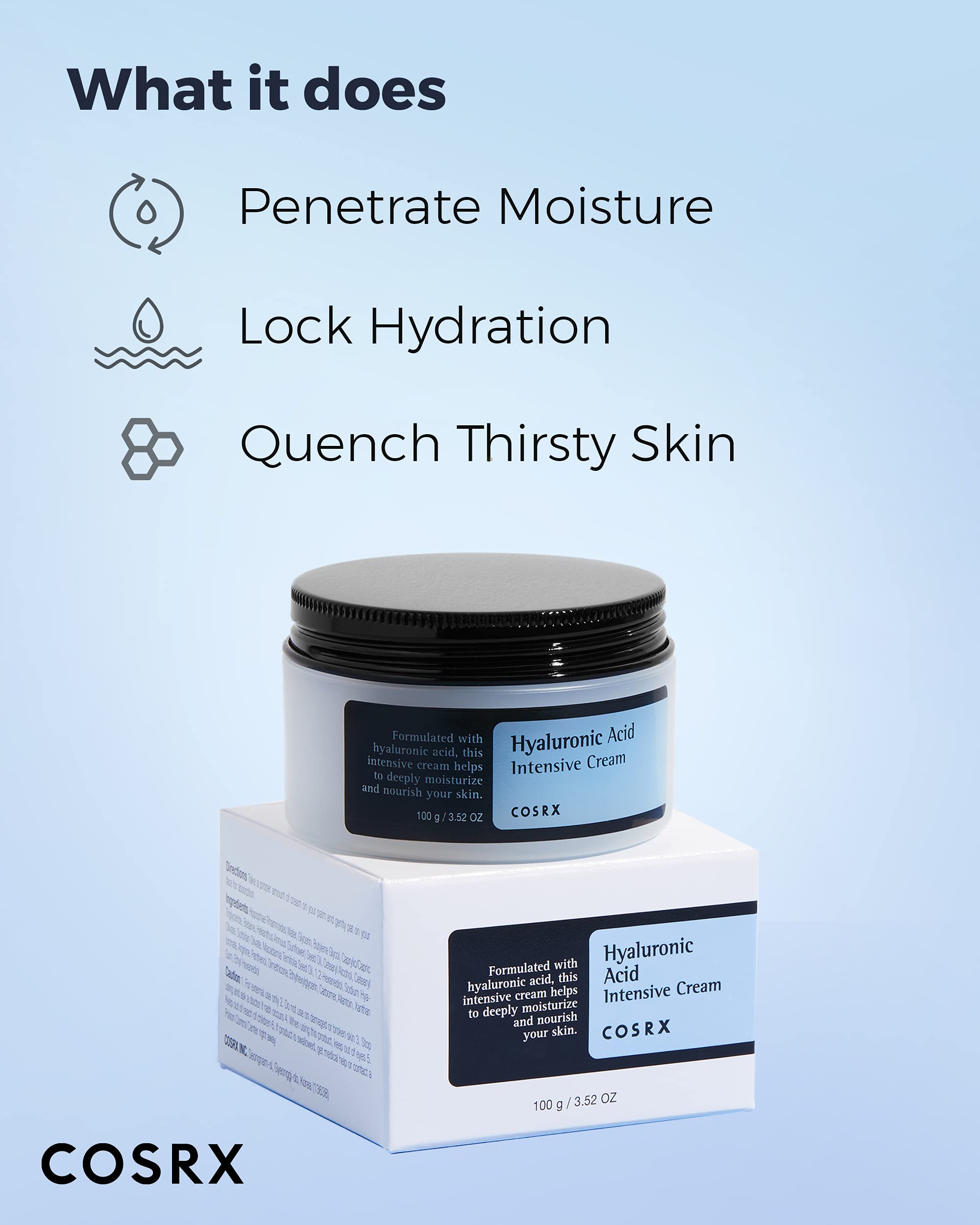 Cosrx Hyaluronic Acid Moisturizing Cream, Long-Lasting Hydration, Rich Moisturizer For Sensitive Skin 3.52 Oz / 100G, Korean Ski