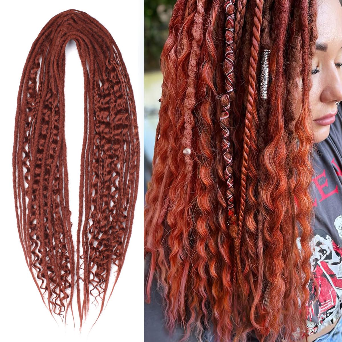 KRALER 24 Inch Mixed DE Dreadlock Extensions Sets, 3 in 1 20 Strands Synthetic Double Ended Dreads Extensions, Copper Red Hippie