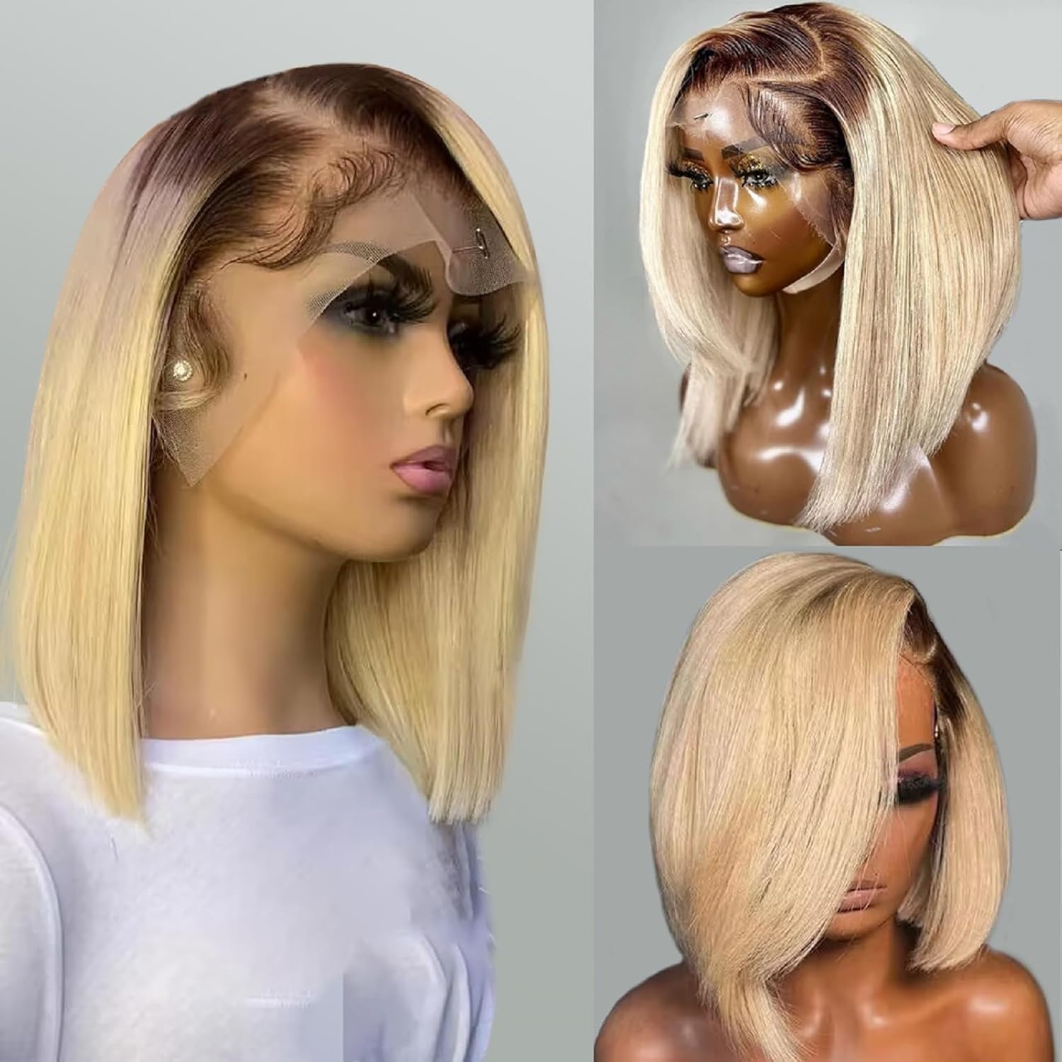 Munx Glueless Bob Wig Human Hair For Black Women 13X4 Hd Frontal Lace Wig 180% Density Ombre Dark Roots Blonde Pre Plucked Lace