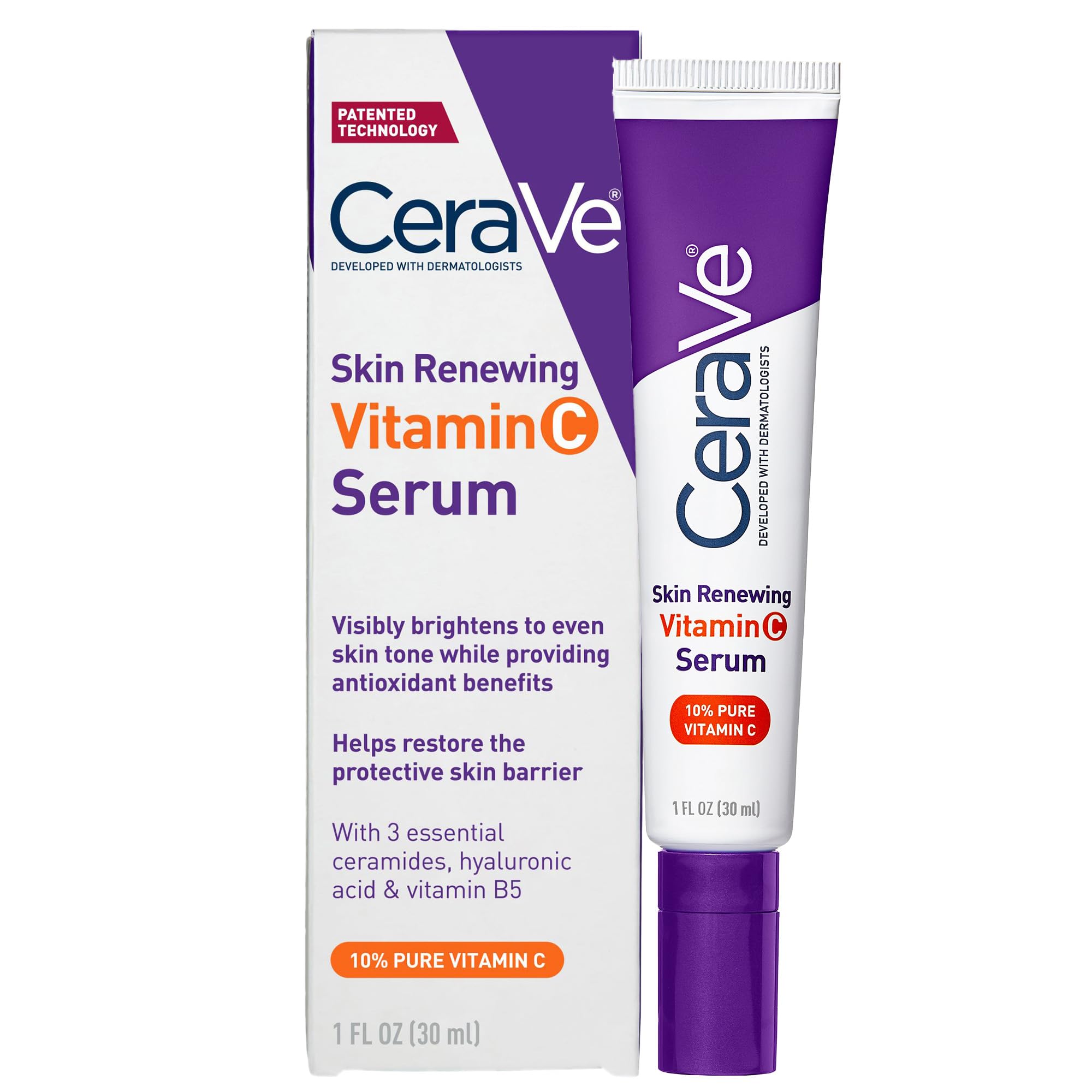 ceraVe Vitamin c Serum with Hyaluronic Acid  Skin Brightening Serum for Face with 10% Pure Vitamin c  Fragrance Free  1 Fl Oz