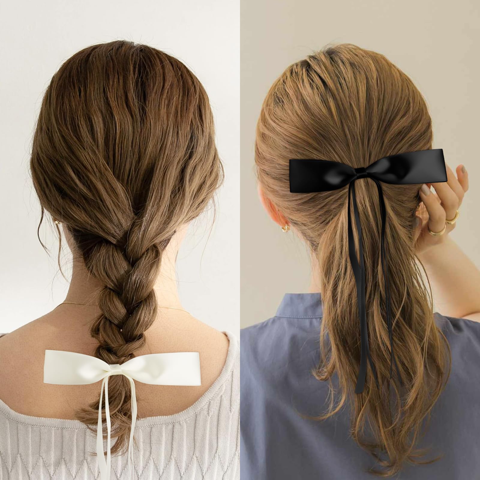 Whavel Hair Bow, 4Pcs Hair Bow Ribbon For Hair Silky Satin Bow Clips With Long Tail - Cute Hair Clips (Black, Beige) For Women A