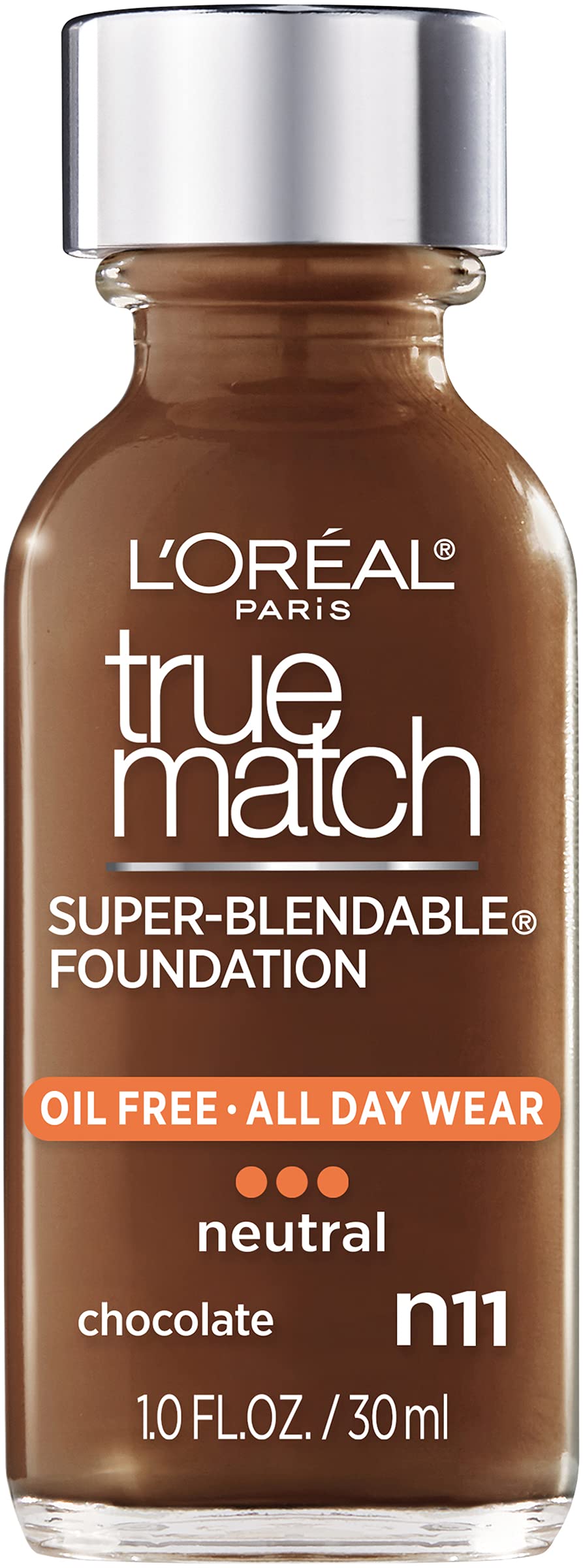 LOr  al Paris Makeup True Match Super-Blendable Liquid Foundation, Chocolate N11, 1 Fl Oz,1 Count