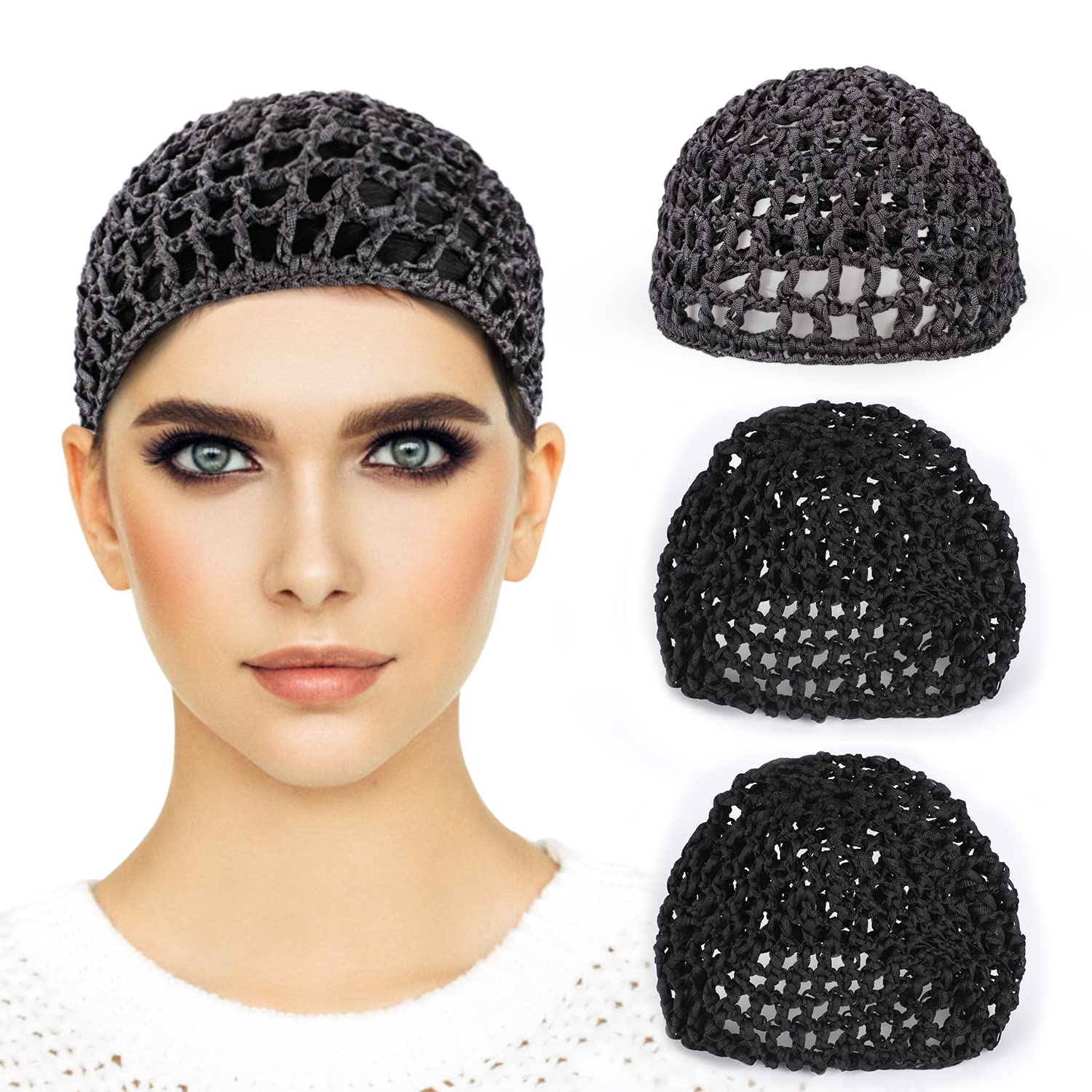 Etercycle 3 Pieces Mesh Crochet Hair Net Snoods for Women, Soft Rayon Knit Crochet Hairnet Hair Cover Accessory for Sleeping (Bl