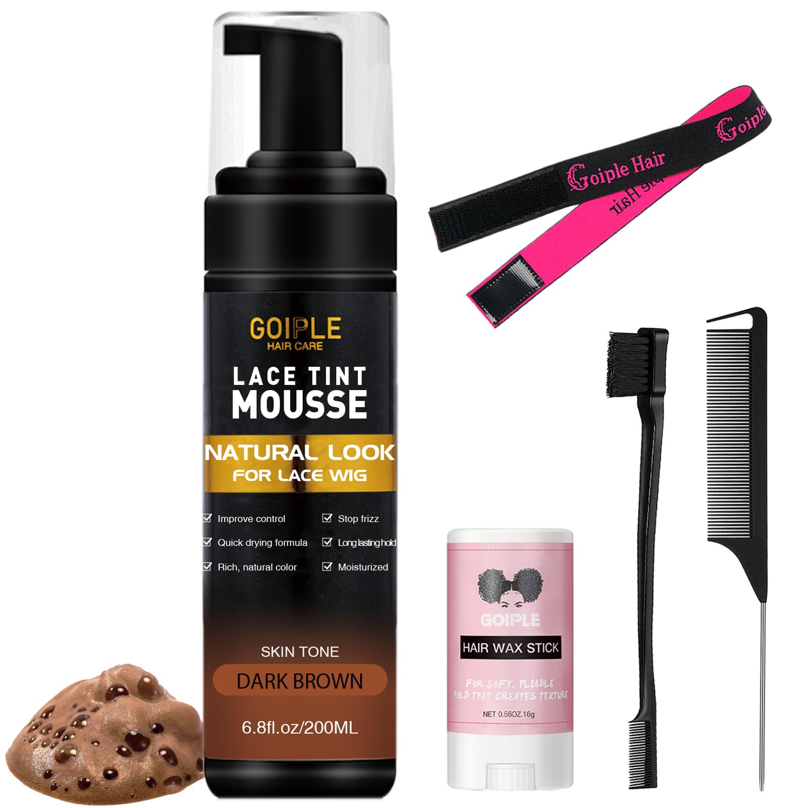 Lace Tint Melting Mousse for Women's Hair Wigs, Toupees, and Hairpieces - 6.8 fl oz Natural Finishing Color Tool Set (Dark Brown