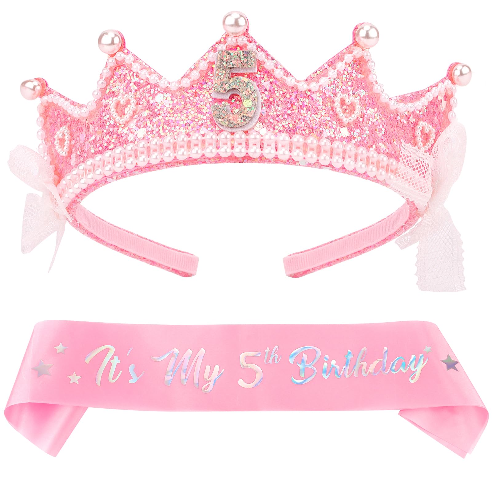 Chanaco 5 Year Old Girl Birthday Gift Idea 5th Birthday Crown and Sash Decorations Pink Bow Outfit for Party Favor Princess Tiar