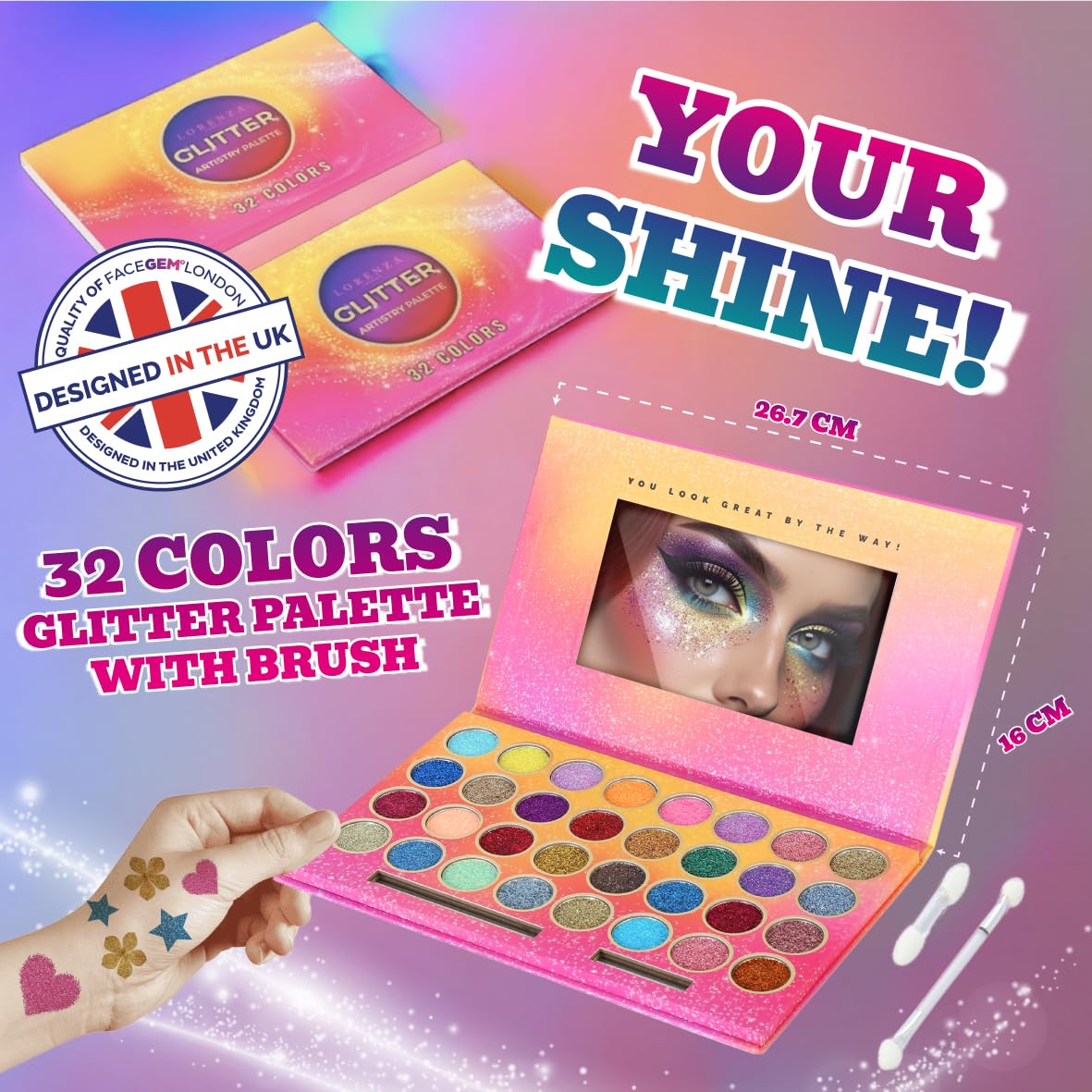 32 Colours Glitter Eyeshadow Palette, Make-Up Palette, Face and Body Glitter, glitter tattoos, festival accessories, Glitter Art