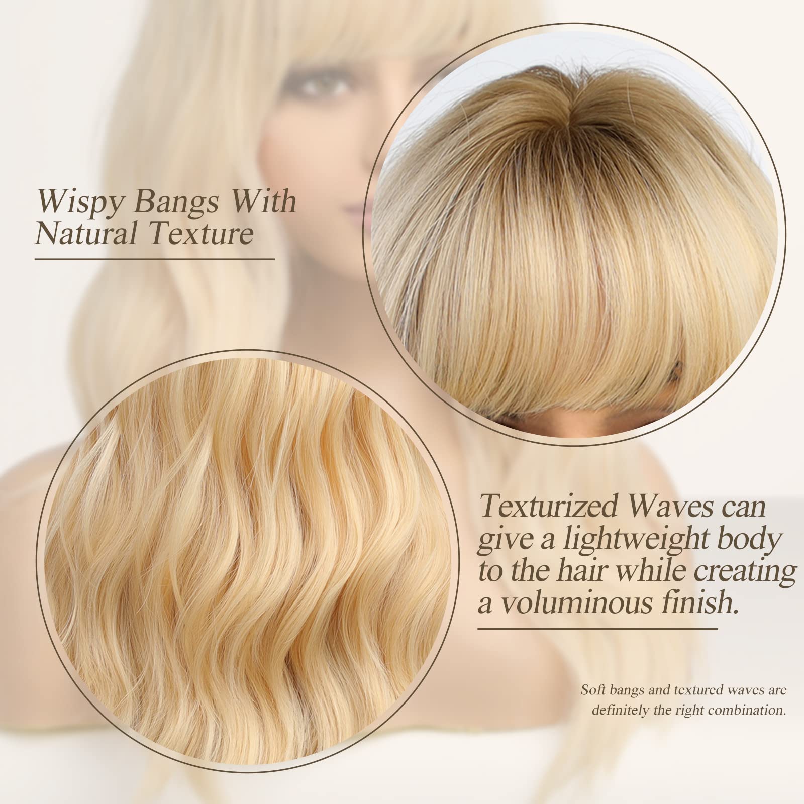 HAIRCUBE Long Wave Blonde Wigs With Bangs,Ombre Blonde Curly Wigs for Women Heat Resistant Synthetic Wigs