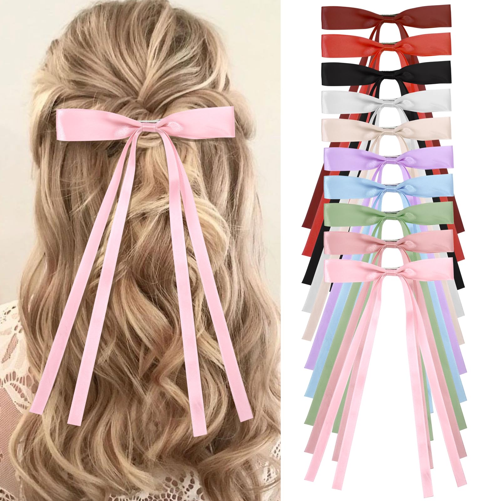 Vodolo Hair Bows for Women,10 PCS Large Bow Hair Clips Tassel Ribbon Bowknot With Long Tail,Ribbon Hair Bows Barrettes for Thick