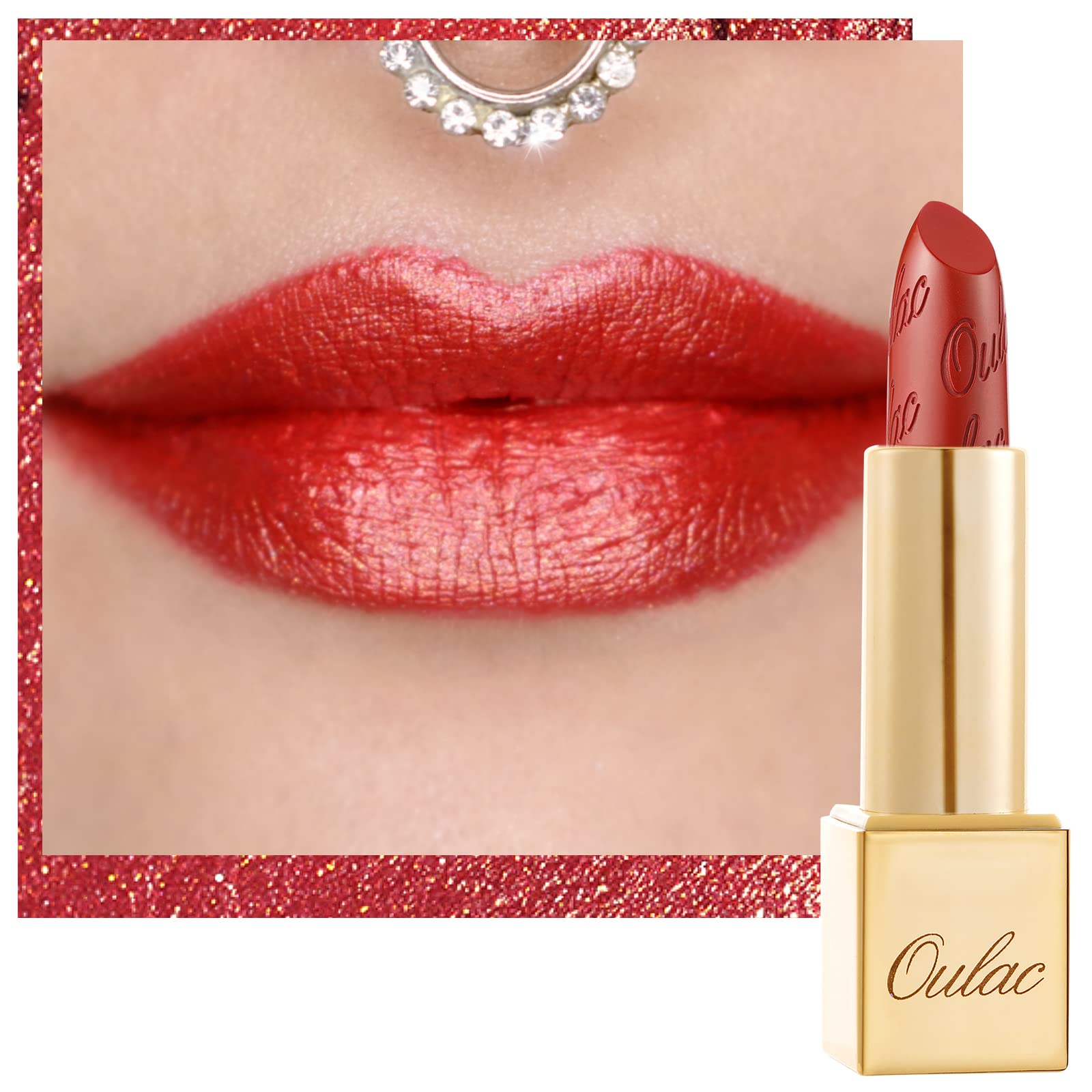 Oulac Orange Red Lipstick for Women with Metallic 3D Shine Lightweight Hydrating Formula, High Impact Lip Color, Vegan Beauty, F