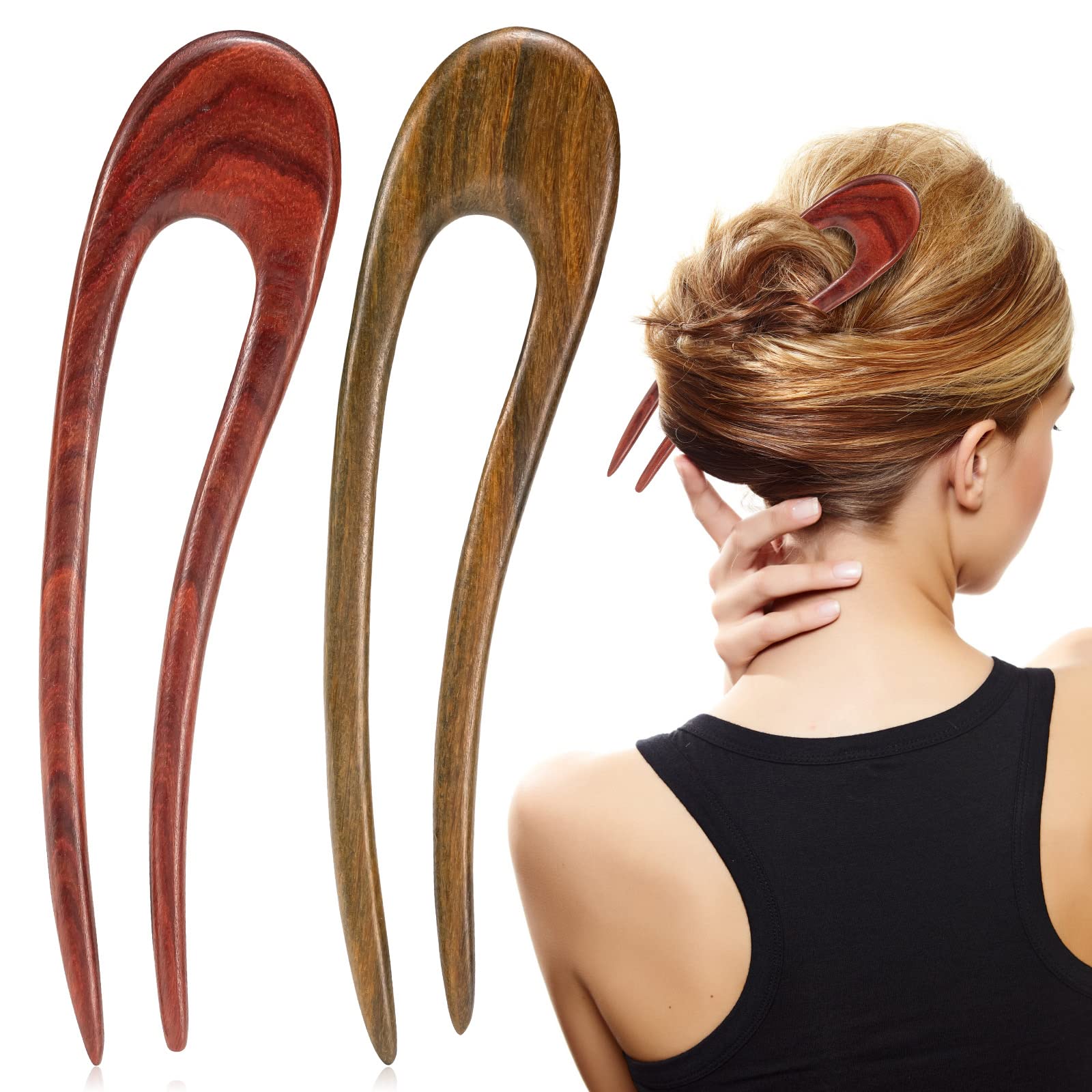 Noverlife 2PCS French Wood Hair Forks, Hand-Carve Ebony Sandalwood U Shape Hair Sticks, with Crescent Moon Design, 2 Prong Updo 