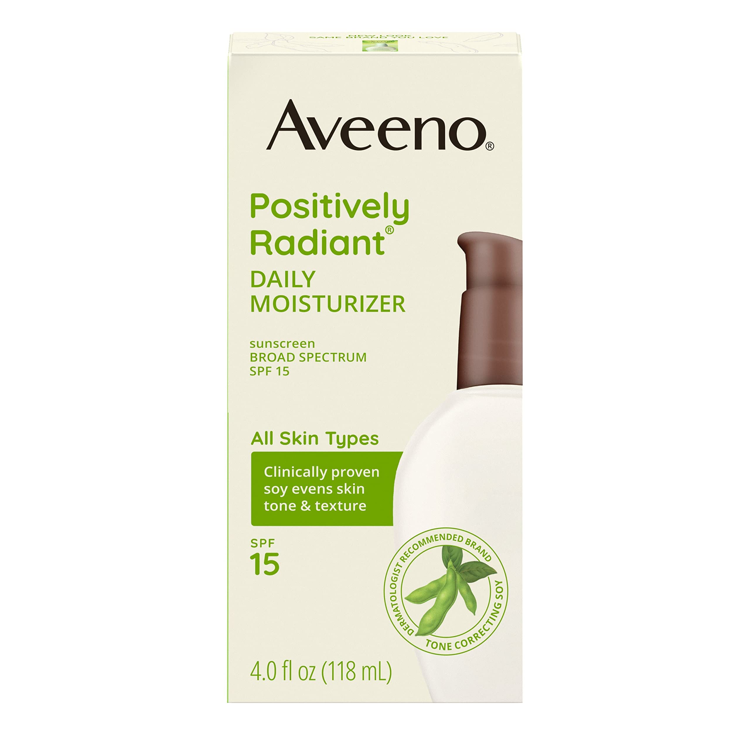 Aveeno Positively Radiant Daily Facial Moisturizer with Broad Spectrum SPF 15 Sunscreen & Total Soy Complex for Even Tone & Text