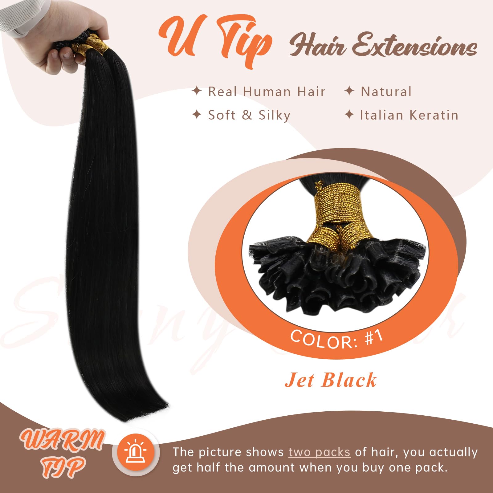 Sunny Black Keratin Hair Extensions U Tip Hair Extensions Human Hair Jet Black Color #1 18 Inch Utip Hair Extensions Human Hair
