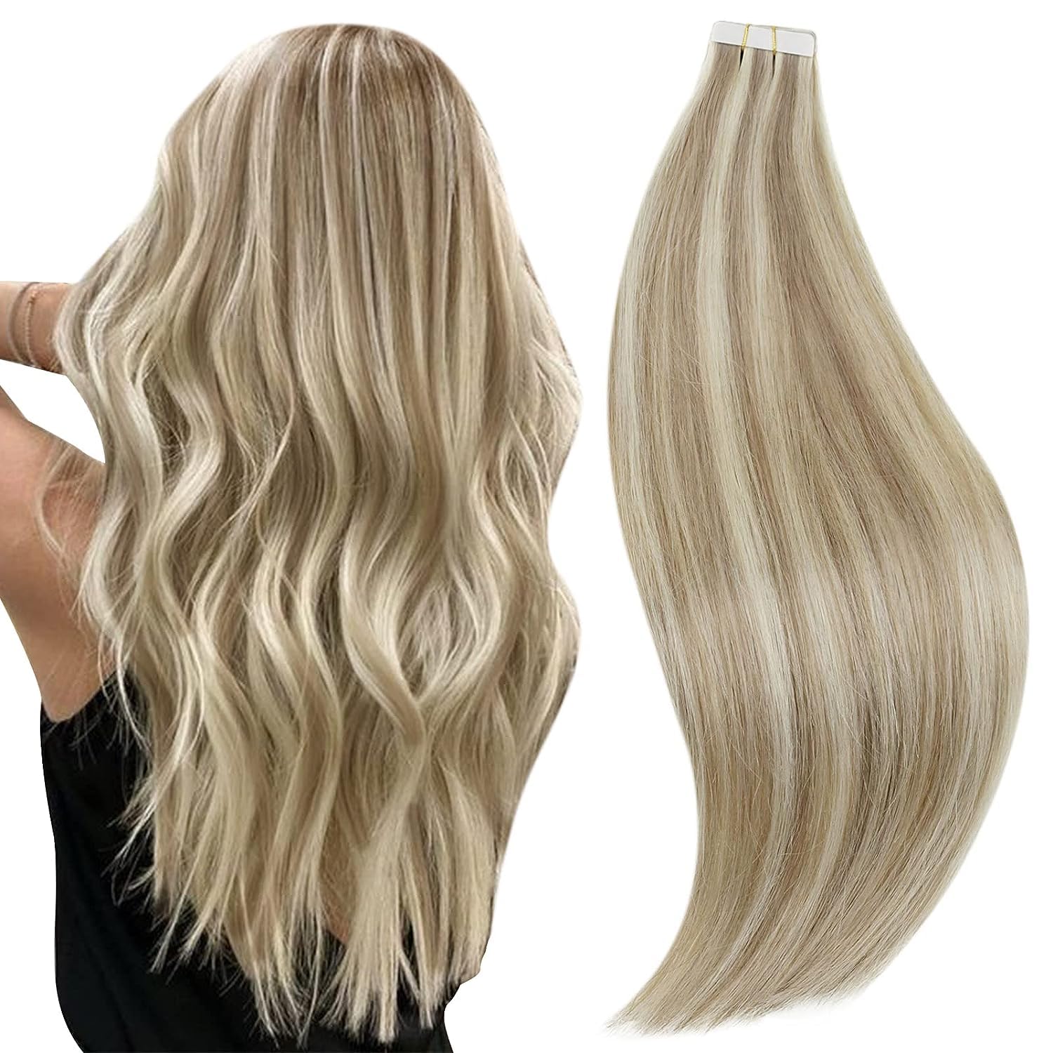 Runature 22 Inch Tape In Hair Extensions Human Hair Ash Brown Highlight Platinum Blonde Hair Extensions Tape In Invisible Straig