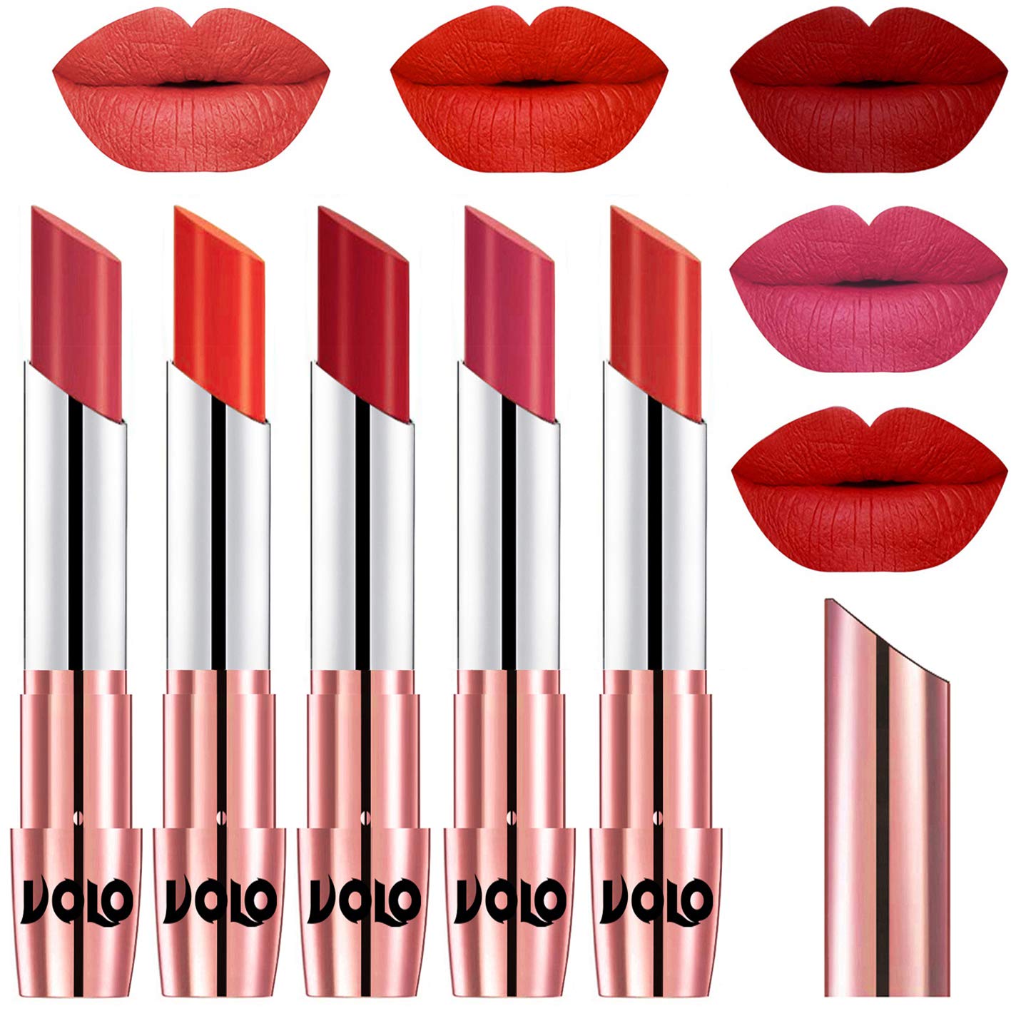 Volo Creme Matte Smooth Lipstick Combo Set Of 5 Bold Colors Long Lasting(Peach, Coral, Tomato Red, Pink, Orange 17.5 G)
