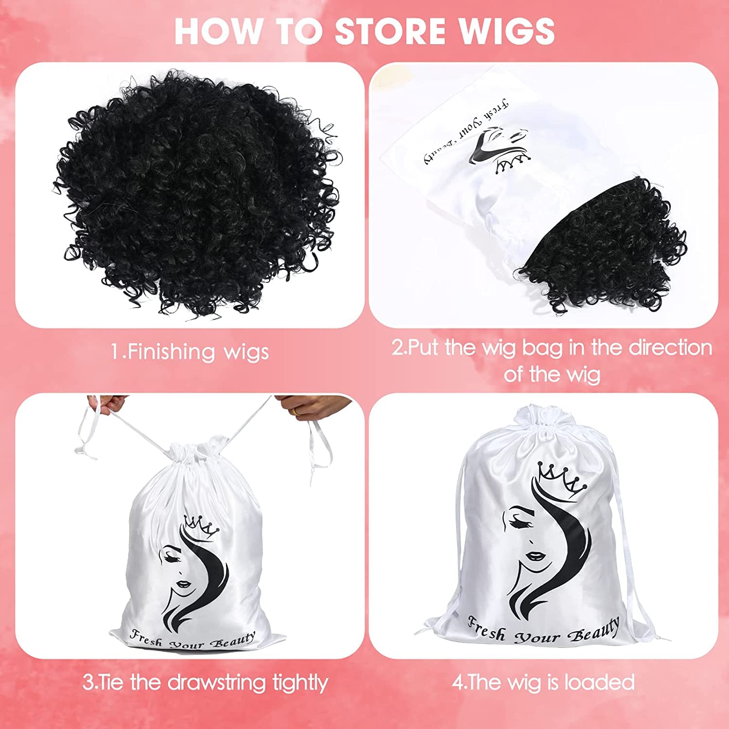 6pc Satin Wig Bags - Drawstring Silk Storage for Wigs, Extensions & Gifts (Mix Purple & Pink)