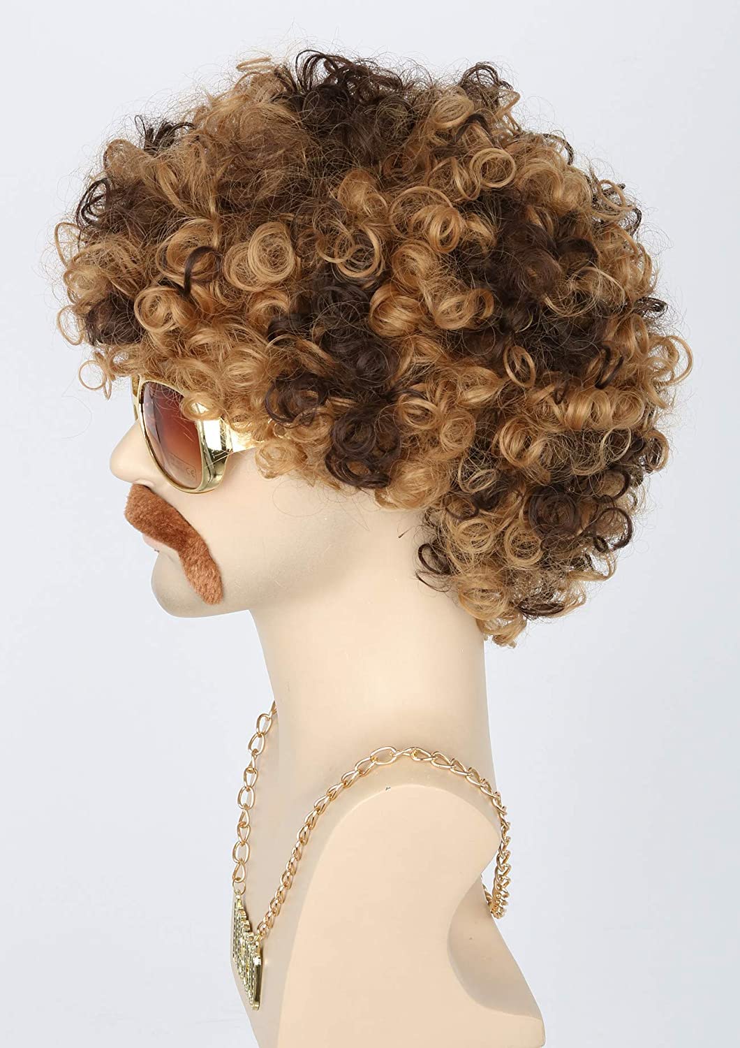 Topcosplay 3 Pieces Set Men Wigs Necklace Moustache Short Curly Halloween Wigs Blonde Mixed Brown, Glasses Not Included