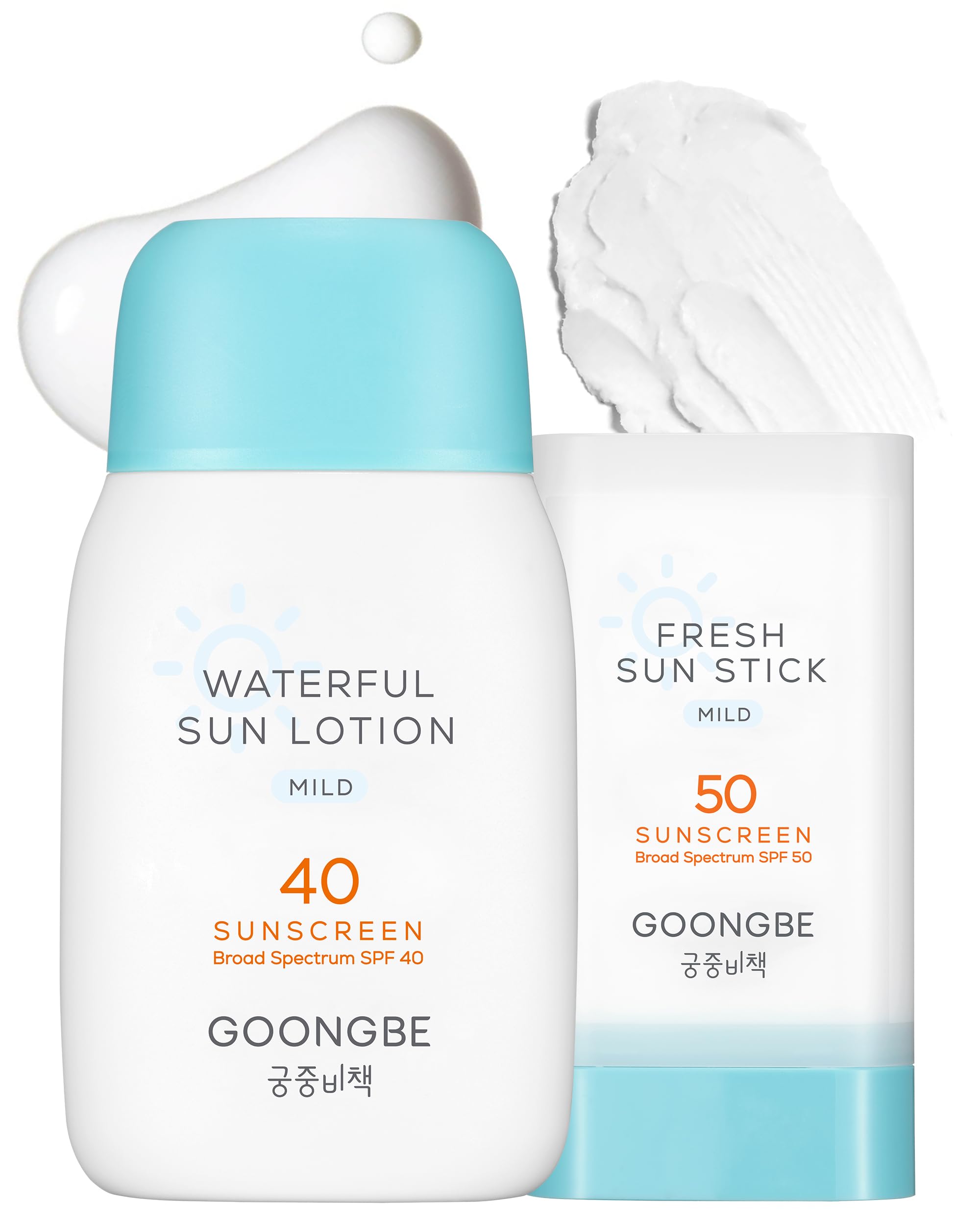 GOONGBE Sun Lotion SPF 40 & Sun Stick SPF 50-100% Zinc Oxide Mineral Sunscreen - No White Cast - Vegan Reef-Safe for Babies Kids