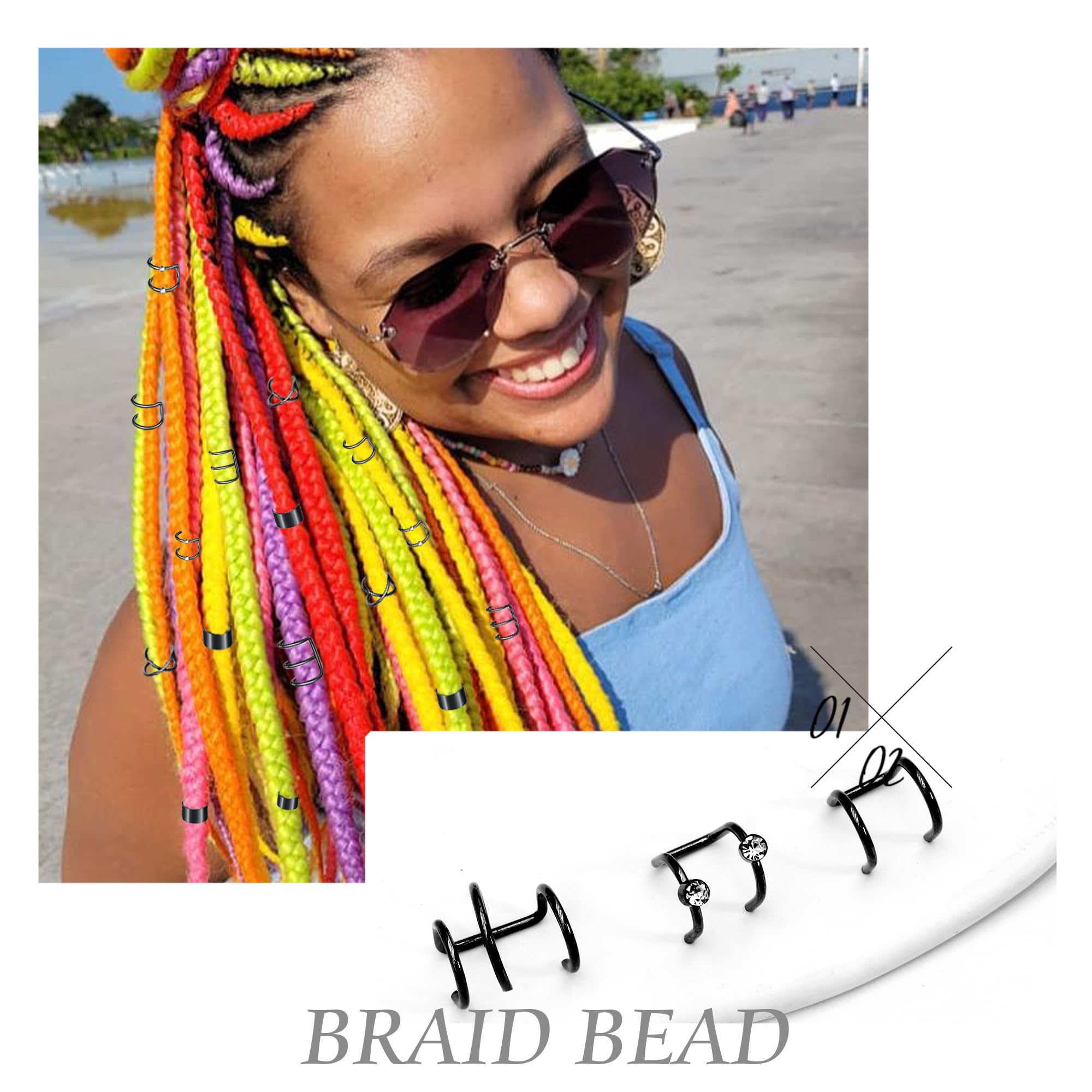 NAISKA 24PCS Black Hair Jewelry for Braids with Crystal Rhinestone Loc Dreadlock Accessories Metal Braid Clips Non-Piercing Ear
