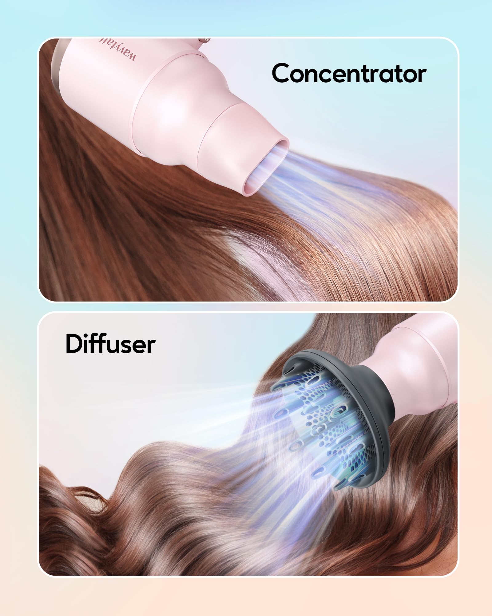 Wavytalk Hair Dryer With Diffuser, Mini Blow Dryer With Folding Handle, 1600W Quiet Lightweight Hairdryer With Diffuser Attachme