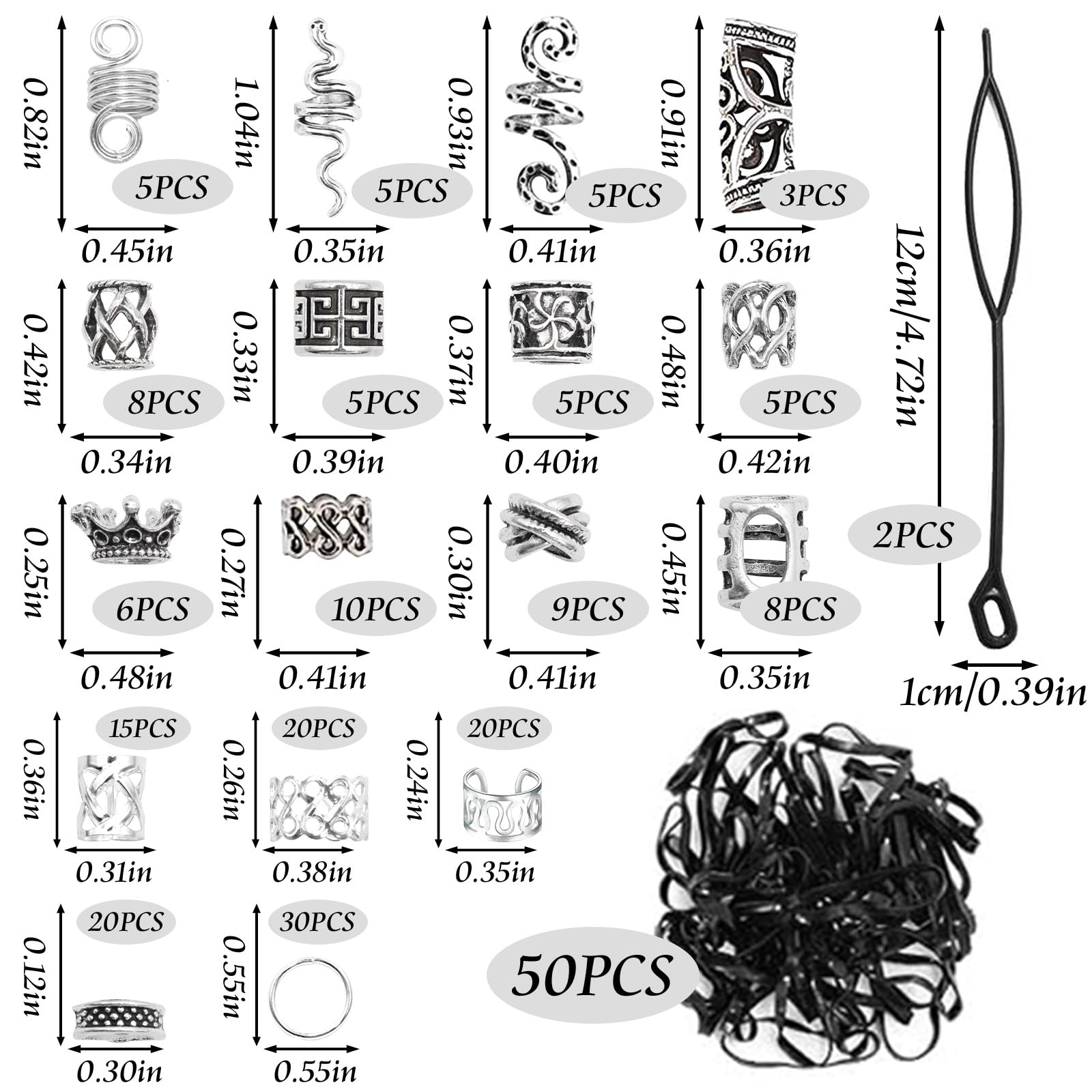Naiska Vikings Hair Jewelry For Braids 231Pcs Norse Runes Tube Beads Cross Snake Loc Dreadlock Accessories Non-Piercing Ear Cuff