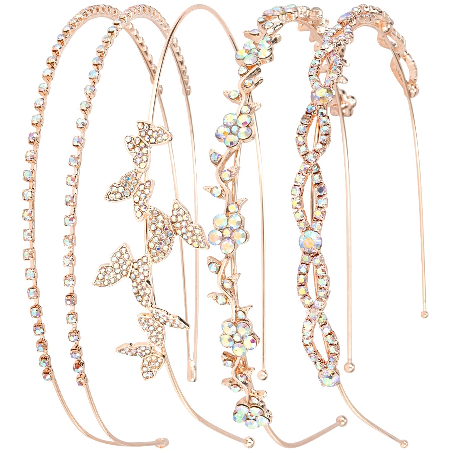 Wecoe 4 Pack AB Rhinestone Headbands Rose Gold Metal Headbands Flower Girl Bridal Wedding Headband Crystal Headpieces Flower Lea