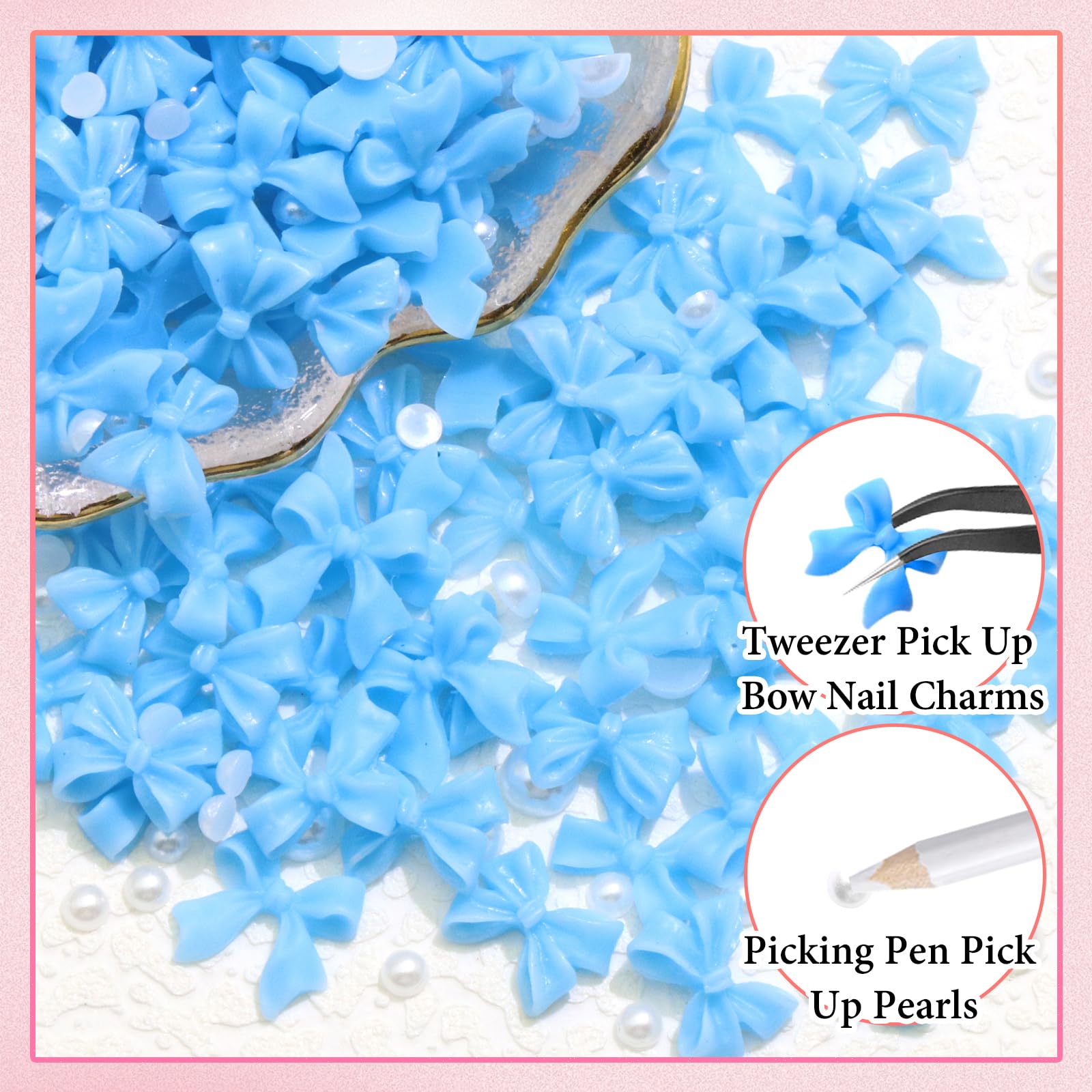 300Pcs Bow Nail Charms And Flatback Pearls,Blue Bowknot 3D Cute Nail Charms For Acrylic Nail Supplies Design,3-5Mm White Half Pe