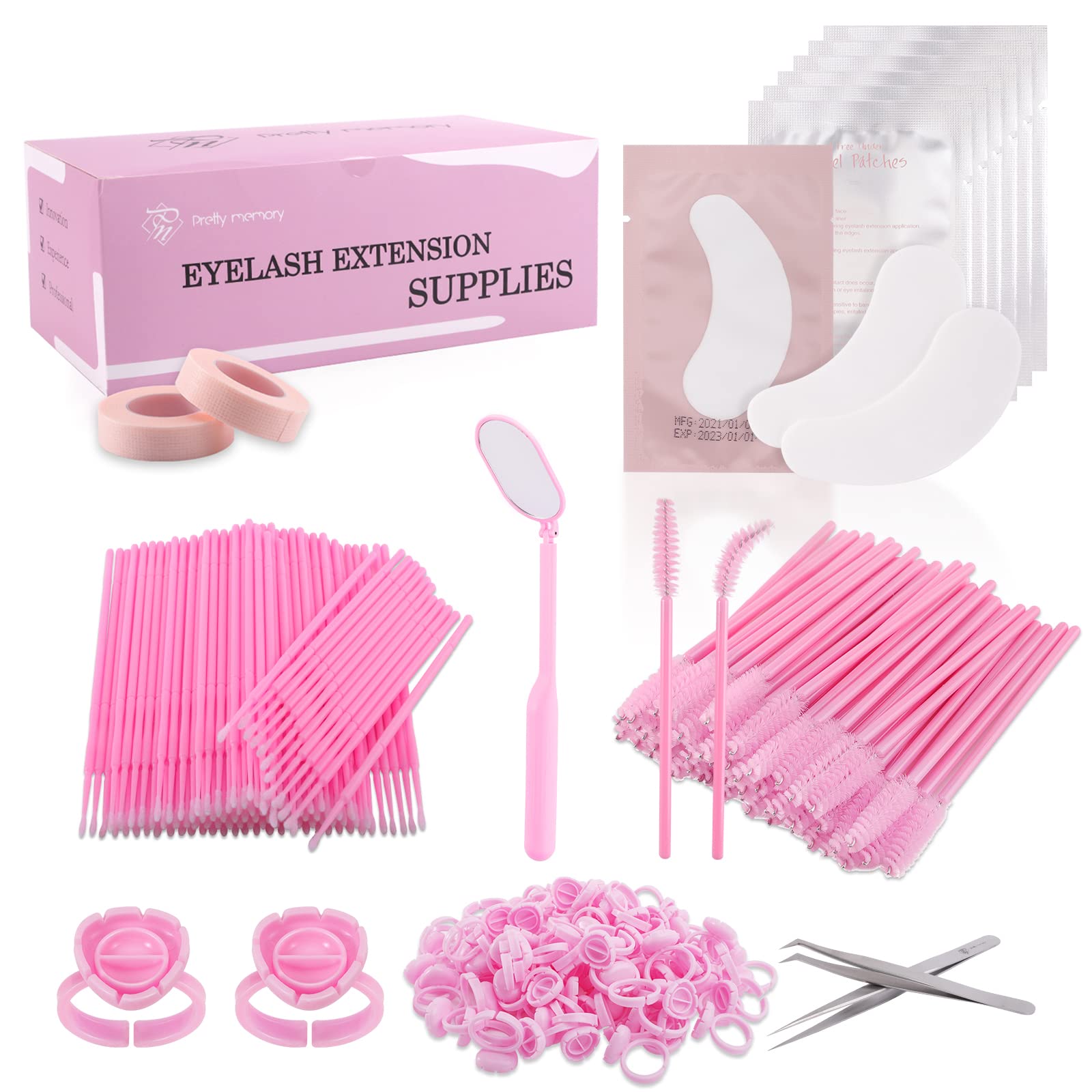 Pretty Memory 405 Pcs Lash Extension Supplies Kit - 100 Glue Rings For Eyelash Extensions,100 Eye Gel Pads, 1 Lash Mirror, 100 D