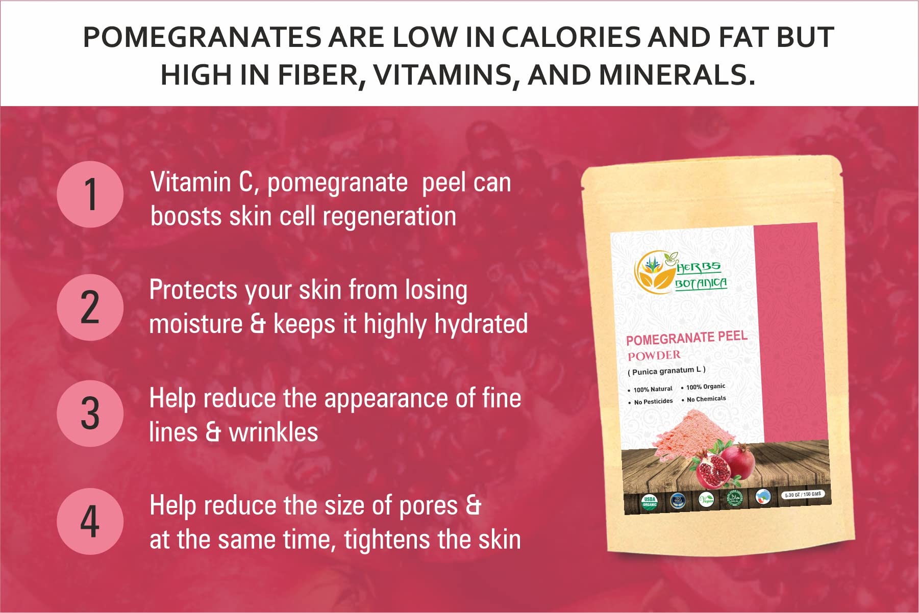 Herbs Botanica Pomegranate Peel Powder 5.3 Oz / 150 Gms, Natural Punica Granatum | Promote Youthful Skin | Gluten Free & Non Gmo