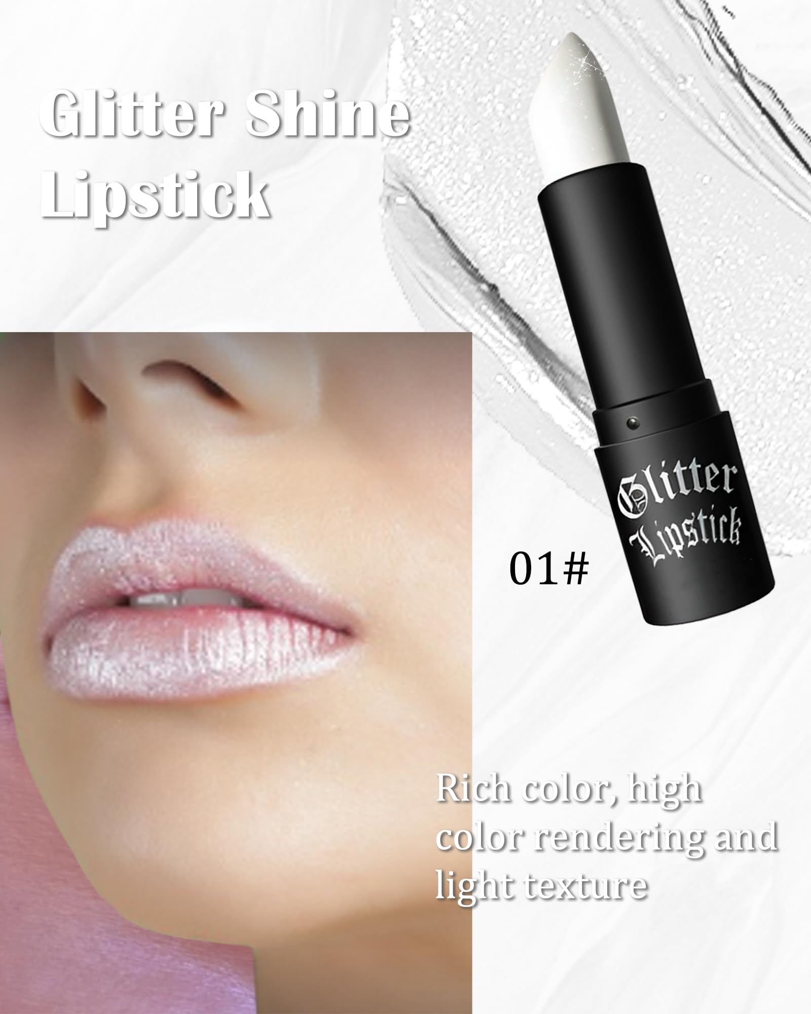 White Diamond Glitter Matte Lipstick, Gothic Shiny Lip Gloss, Sparkling High Pigment Longlasting Waterproof Smudgeproof Non-Stic
