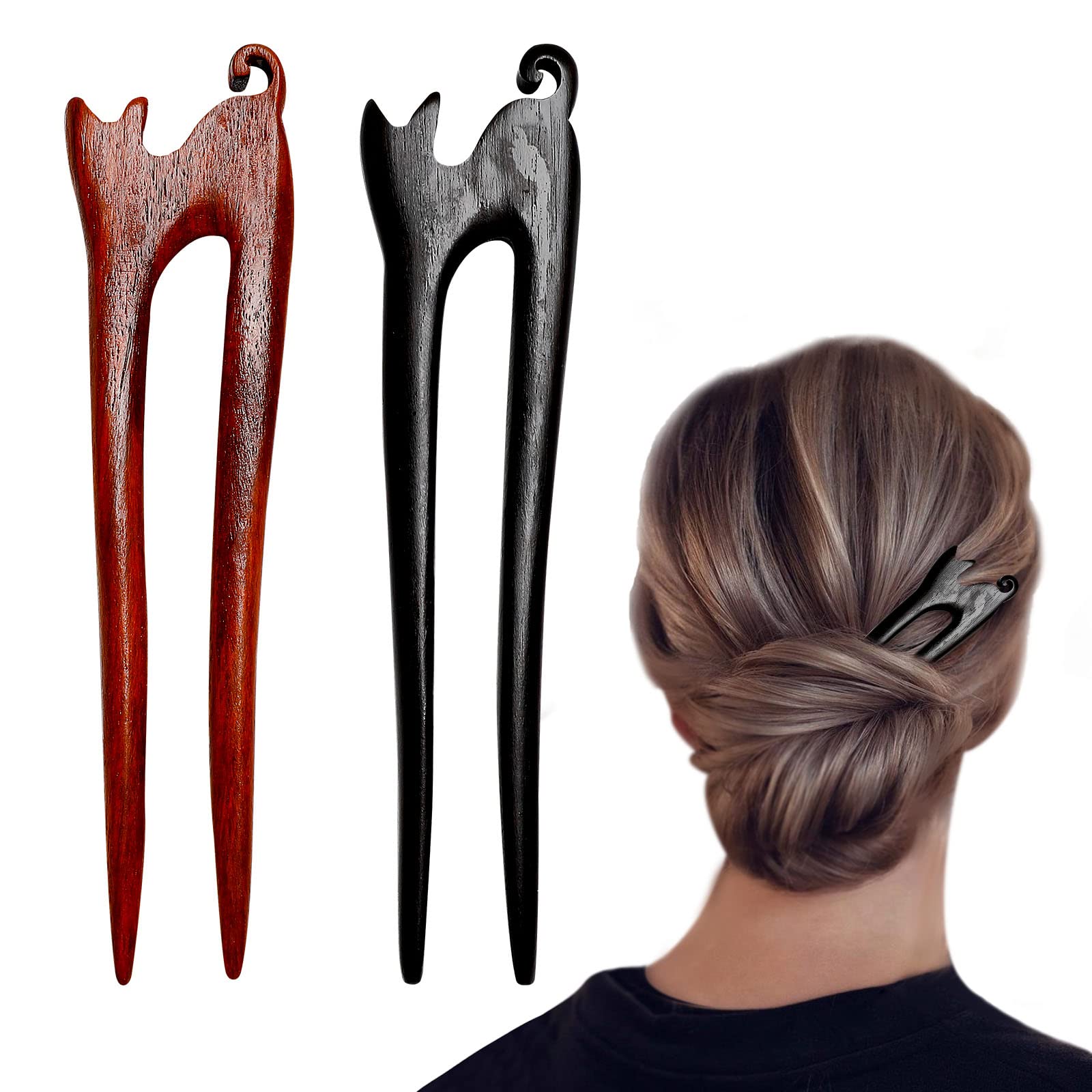 2 Pcs Sandalwood Cat Hairpin Retro Style Palace Hair U Shape French Hair Pin Handmade Carved Hair Fork Wooden Hair Sticks Hair S