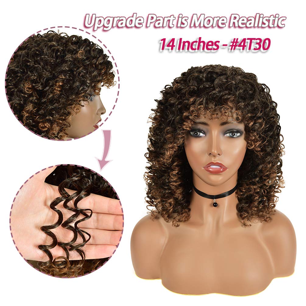 Rosmile Curly Wigs For Black Women - Ombre Brown #4T30 Synthetic African American Full Kinky Curly Afro Hair Wig With Bangs (Fre