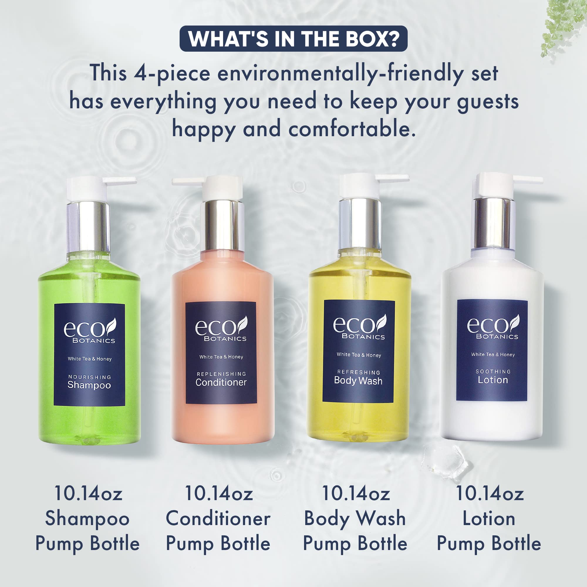 Eco Botanics Amenities Set,10.14 Oz. Pumps (1 Of Each) Shampoo, Conditioner, Hand/Body Wash, And Lotion (Set Of 4)