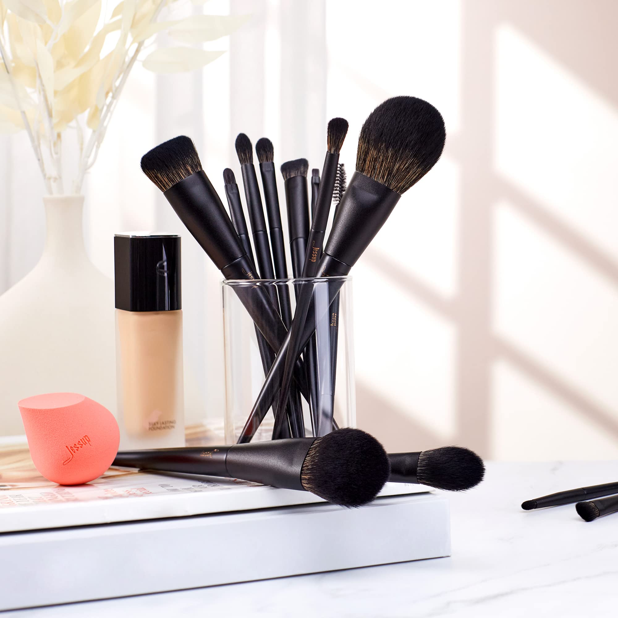 Makeup Brushes Set Jessup Make Up Brushes 14Pcs Black Kabuki Foundation Eyeshadow Contour Concealer Powder Eyeliner Crease Eyebr