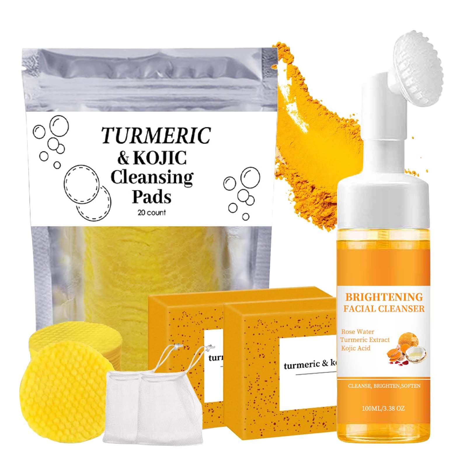 Turmeric Wash and Care 3 Piece Set,Turmeric Face Wash with Brush,Foaming Facial Cleanser&2Bars of Lemon Soap&20pcs Cleansing Pad
