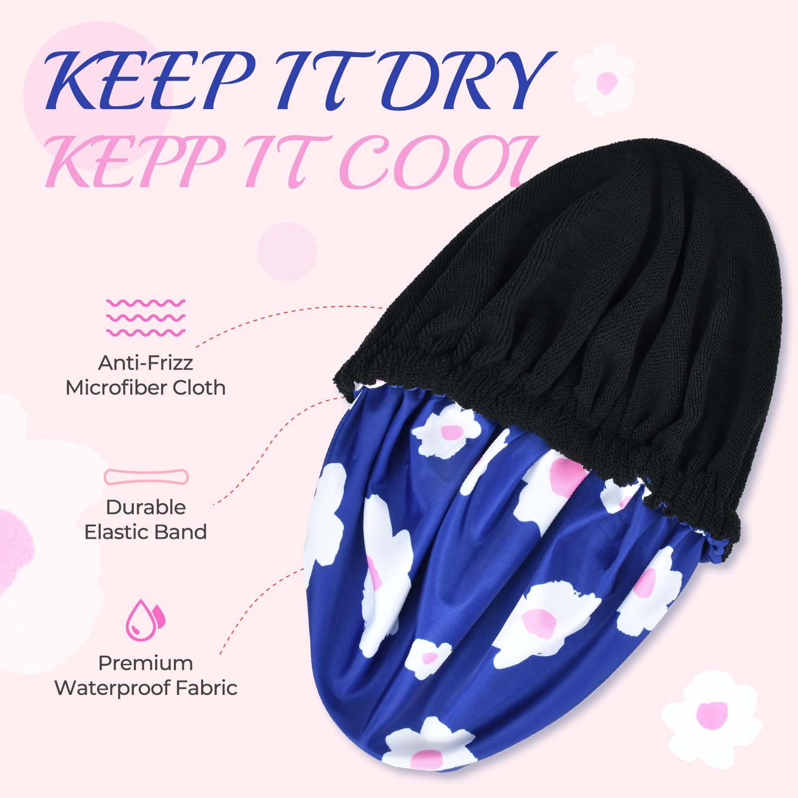 Shower Cap For Women Terry Lined Bath Cap Large Reusable Waterproof Elastic Band Blue Shower Caps For Long Thick Hair Soft Bath