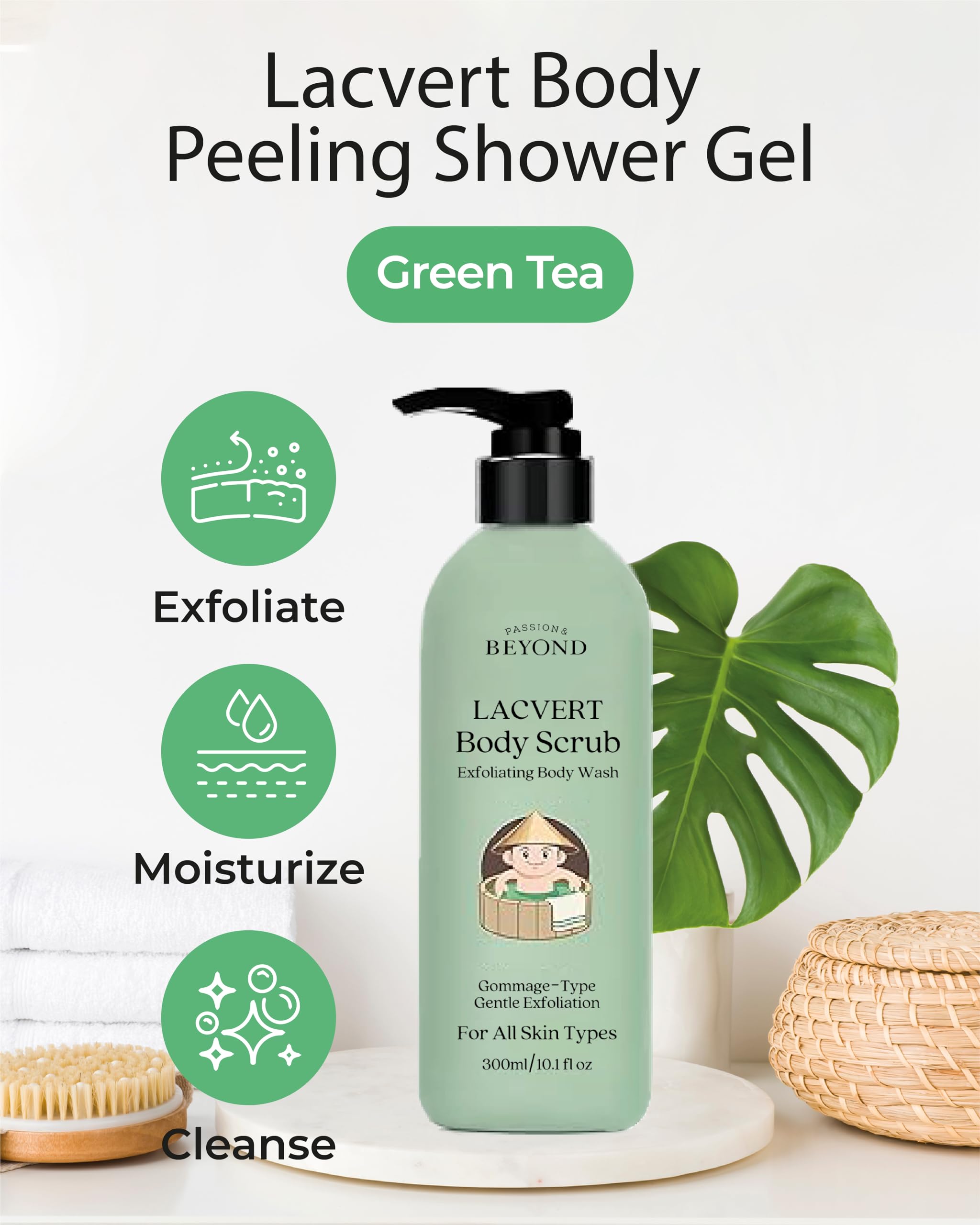 Beyond Lacvert Body Scrub Peeling Gel (Green Tea, 10.1Fl Oz) - Body Wash & Shower Gel For Gentle Exfoliation & Home Spa. Korean