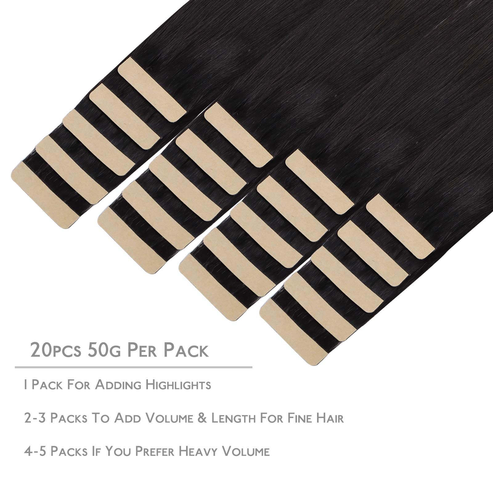 Wennalife Tape In Hair Extensions Human Hair, 20Pcs 50G 24 Inch Natural Black Remy Hair Extensions Straight Human Hair Tape In E