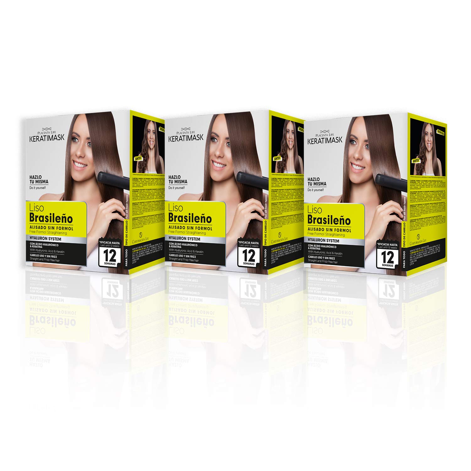 Be Natural, Brazilian Keratimask Straightening Kit, Long-lasting Professional Result, White, Pack with 3 Kits, 3 Units 380 g