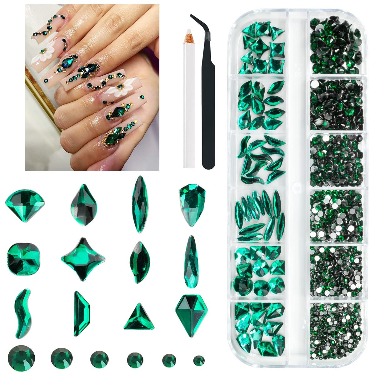 qiipii Green Nail Rhinestones Multi Shapes Emerald Green Rhinestones for Nails Flatback Nail Big Gems K9 Glass Round Beads Stone