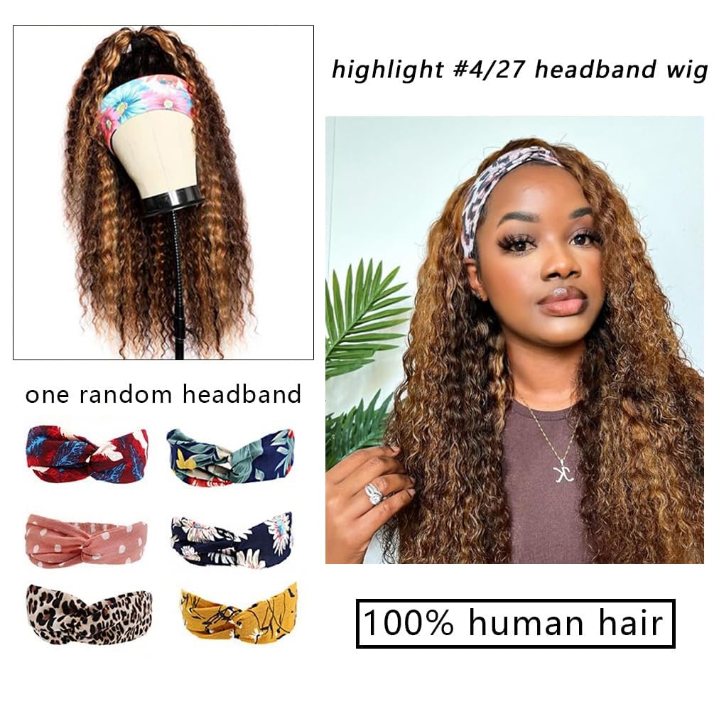Ombre Headband Wig Human Hair 4/27 Highlight Curly Headband Wigs For Black Women Human Hair 20 Inch Glueless Deep Wave None Lace