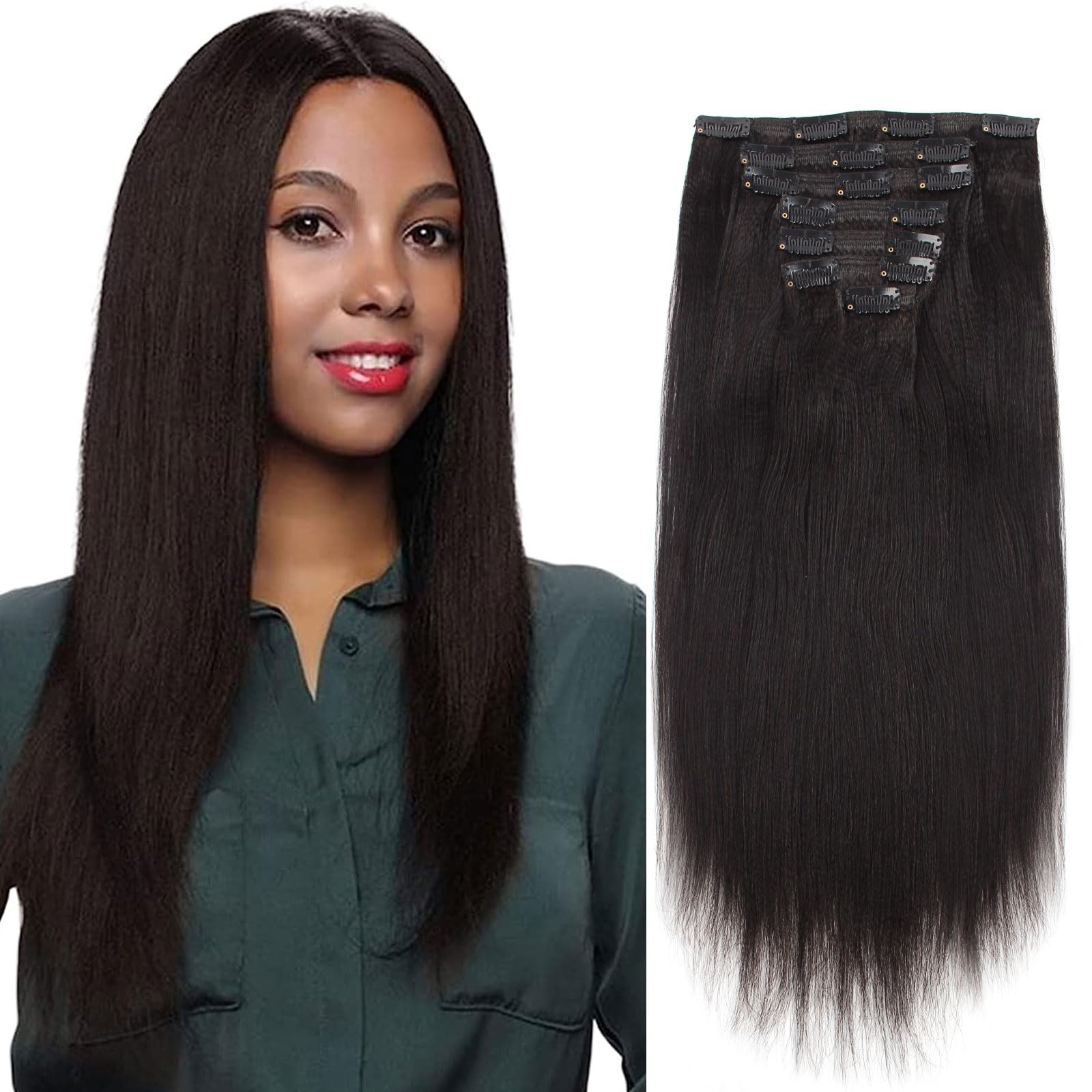 ABH AmazingBeauty Hair Real Remy Thick Yaki Straight Clip in Black Hair Extensions for African American Relaxed Hair 7 Pieces 12