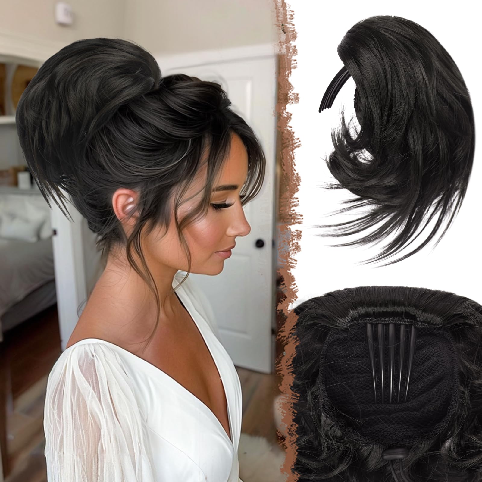FESHFEN Hair Buns Hair Piece with Comb, Messy Buns Hairpieces for Women Drawstring Fully Updo Synthetic Hair Short Ponytail Exte