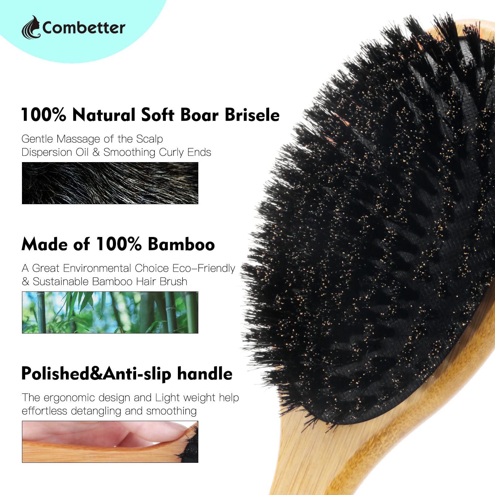 Combetter Boar Bristle Hair Brush - Eco-Friendly Bamboo, Black, for Smoothing & Detangling Hair, Suitable for Women, Men & Kids